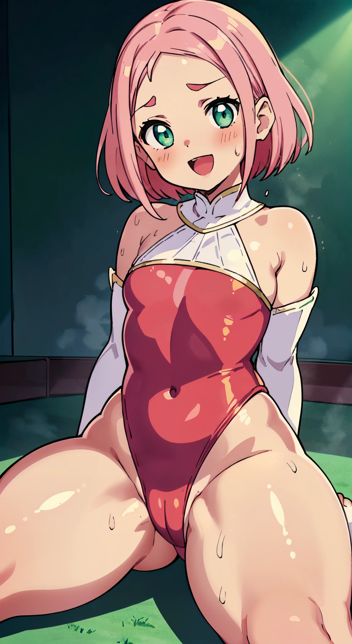 (( 1girl in)), (NSFW)、blush,Pink hair、Parted bangs、Forehead、white forehead protector、green colored eyes、(((Red Leotard))) ,On stage、flat chest、big butts、((thick thighs))、Sweat、((:D))、Surprised、(Straight hair)、sitting on、spreading legs、(White shoulder armor)、Gold decoration、Blue crystal