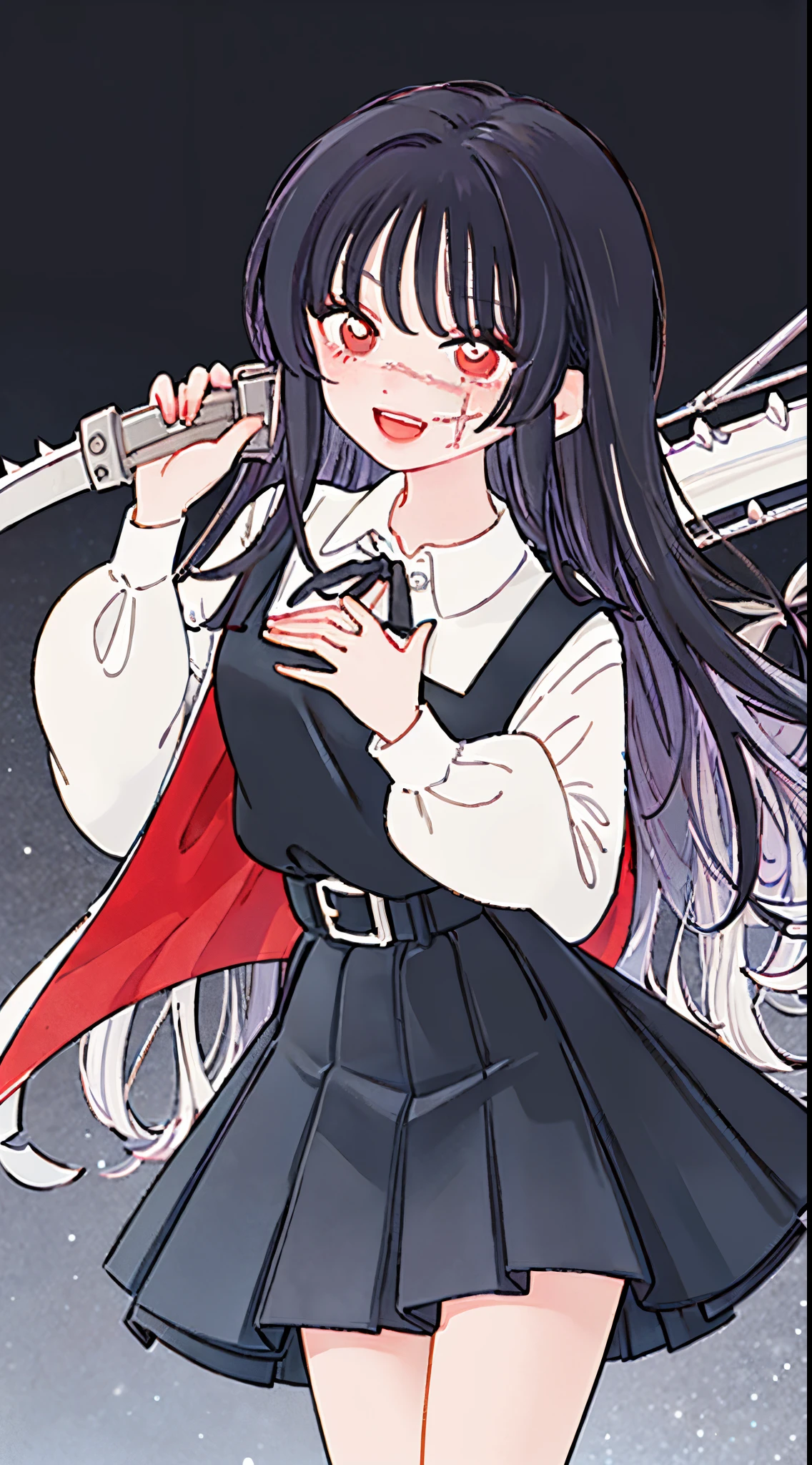 (masterpiece, best quality:1.2), cowboy shot, solo, 1girl, yoru \(chainsaw man\), laughing, angry, smile, looking at viewer, red eyes, school uniform, knee-length black pinafore dress, shirt, neck ribbon, ((one hand on chest)), full of confidence, (dark background, weapons)