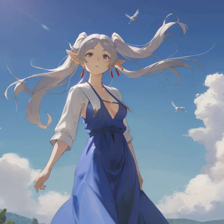 Frieren, twintails, earrings, small tits, flying, in the air, powerfull, long dress,