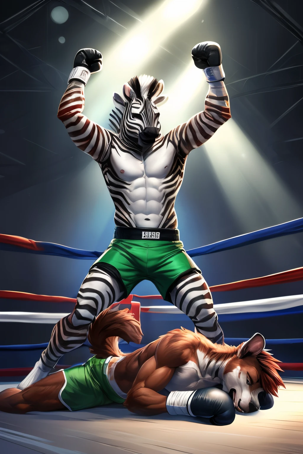 a detailed picture of a boxing match (two male anthros), slim body, slim features, in a boxing ring, Ross Tran, ruan jia, trending on artstation, foxovh, ((terrier dog, reddish-brown fur, gray shorts, knocked out on the floor)), (((zebra, green shorts, arms raised in victory)))