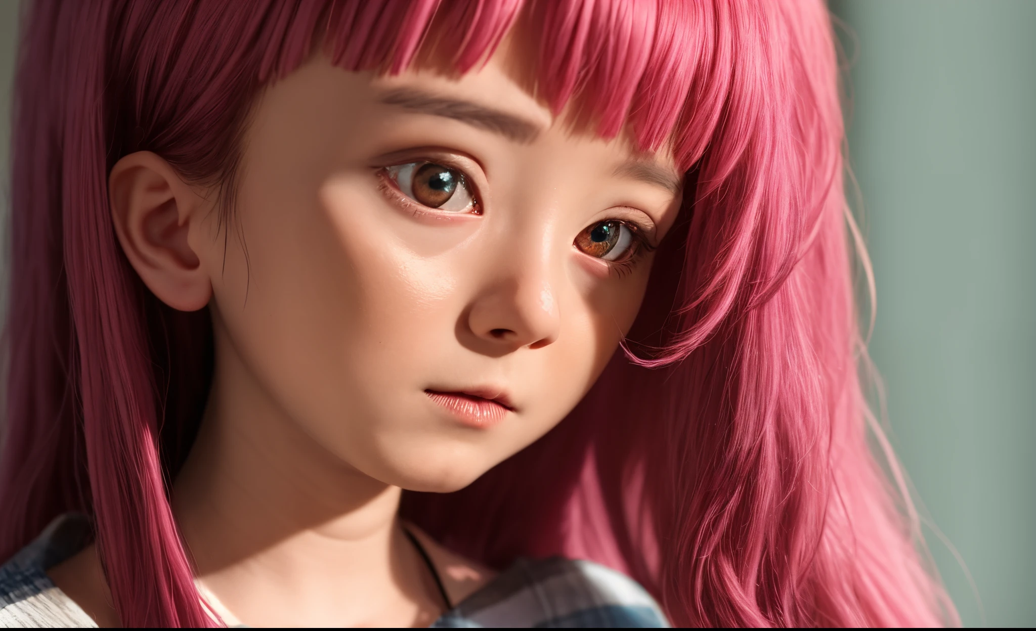 A ghost girl with long pink hair with a rusty nail lodged in the side of her head