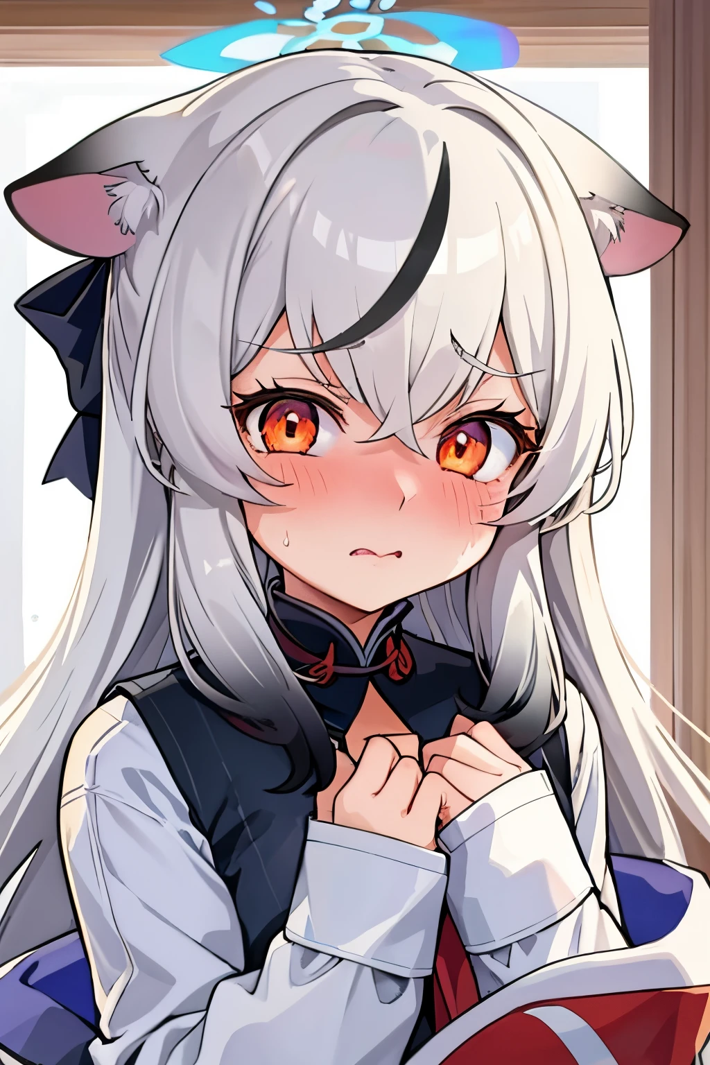 1girl, kokona, indoors, orange eyes, white hair, :3 mouth, embarrassed, beautiful eyes, beautiful lips, shiny lips, extremely detailed eyes and face, long eyelashes, close-up, warm lighting, vibrant colors, looking at the viewer, embarrassed look, blush, in a snowy place, winter clothes, winter wonder