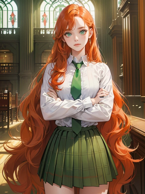 (absurdres, highres, ultra detailed) (1 female, 1 male),((1 female with red-orange hair, long wavy hair without bangs, wearing white shirt, green necktie and green plaid skirt, green eyes, expression: confused, standing in front of male with arms crossed))(background: warm lighting from windows, victorian library)