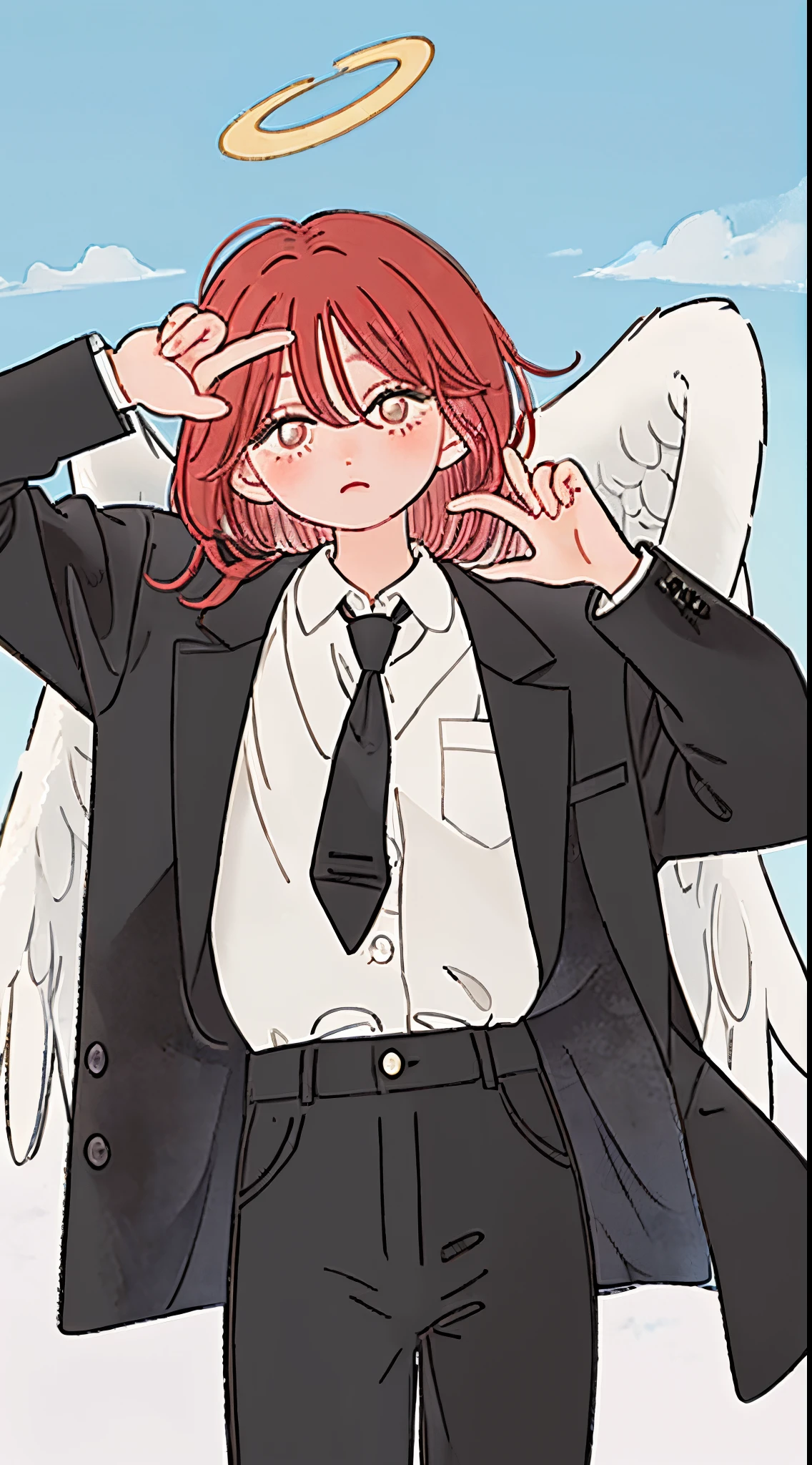 (masterpiece, best quality:1.2), cowboy shot, solo, male focus, 1boy, angeldevil, expressionless, jig eyes, looking at viewer, halo, suit, black jacket, black necktie, black pants, angel wings