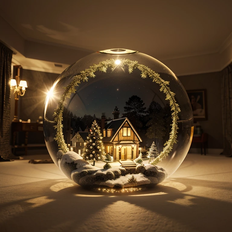 Christmas house inside a glass sphere. surrounded by a glow. 3d render, colorful