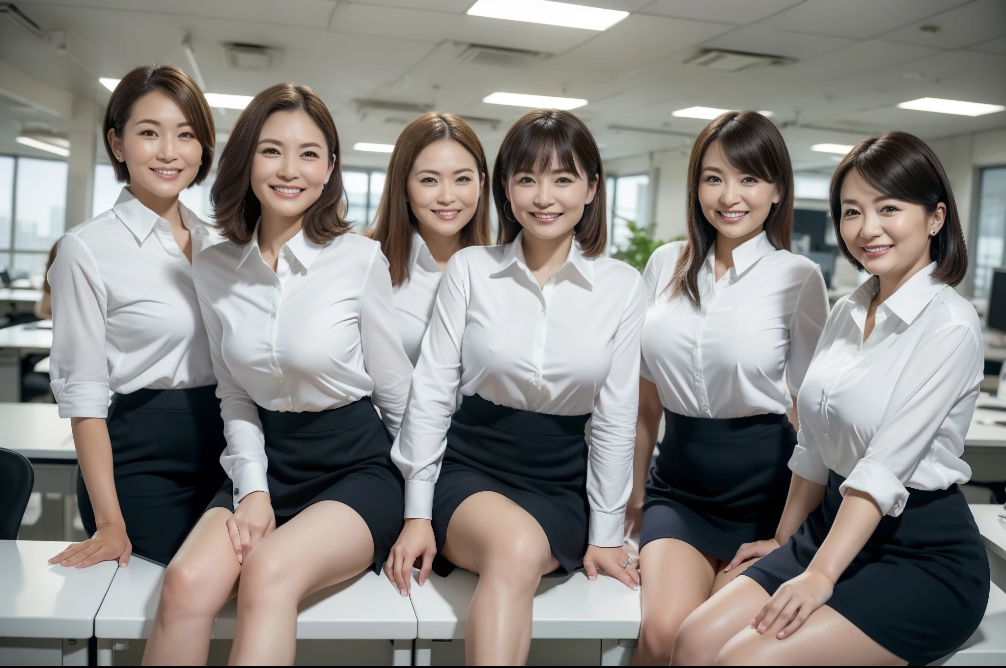 ((Best Quality, 8k, Masterpiecedetails, ultra-high resolution)), (group picture), (looking at the viewer), (fmiddle shot:), attractive business 5 milfs, 5 people, a bit chubby:0.25, white collared shirt, grey skirt, (sitting with cross legs on office desks)), smile, office of CEO,