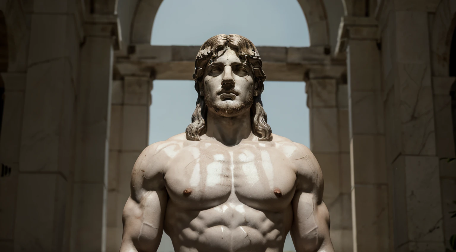 Greek white marble statue, with his serene and stubborn expression standing out in the gloom, simbolizando su terquedad ante las sombras de la vida, mostrando sus biceps, mirada dominante y sabia hacia al frente, Marco Aurelio STYLE, cinematics, realista, detallado, 8k, fondo oscuro con sombras.