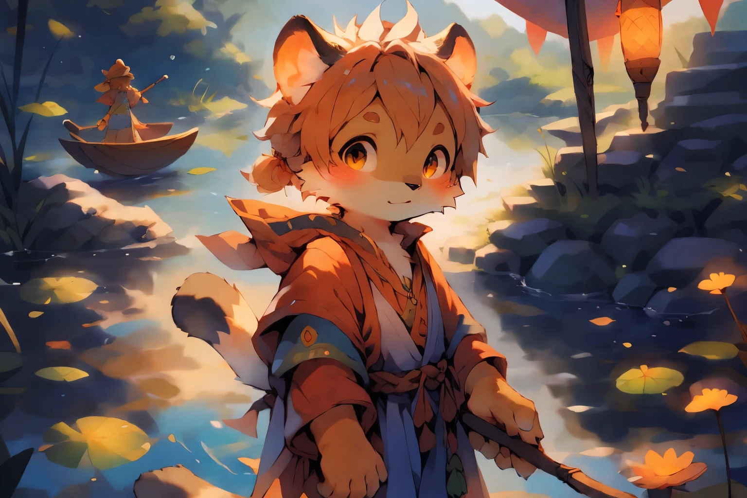 Cute and detailed digital art, Very very beautiful furry art, Detailed fanart, high-quality wallpaper, dress up as a fisherman 🧥, furry fantasy art, Popular topics on artstation pixiv, high qulity,the only person, Furry boy, cub, ponds,River leaves,Sit on a small wooden boat,oar, young, inquisitive, daydream, glowworm,become sunny, by Pino Deheni, Kanikai, Milk Tiger 1145, Dagasi, ys,