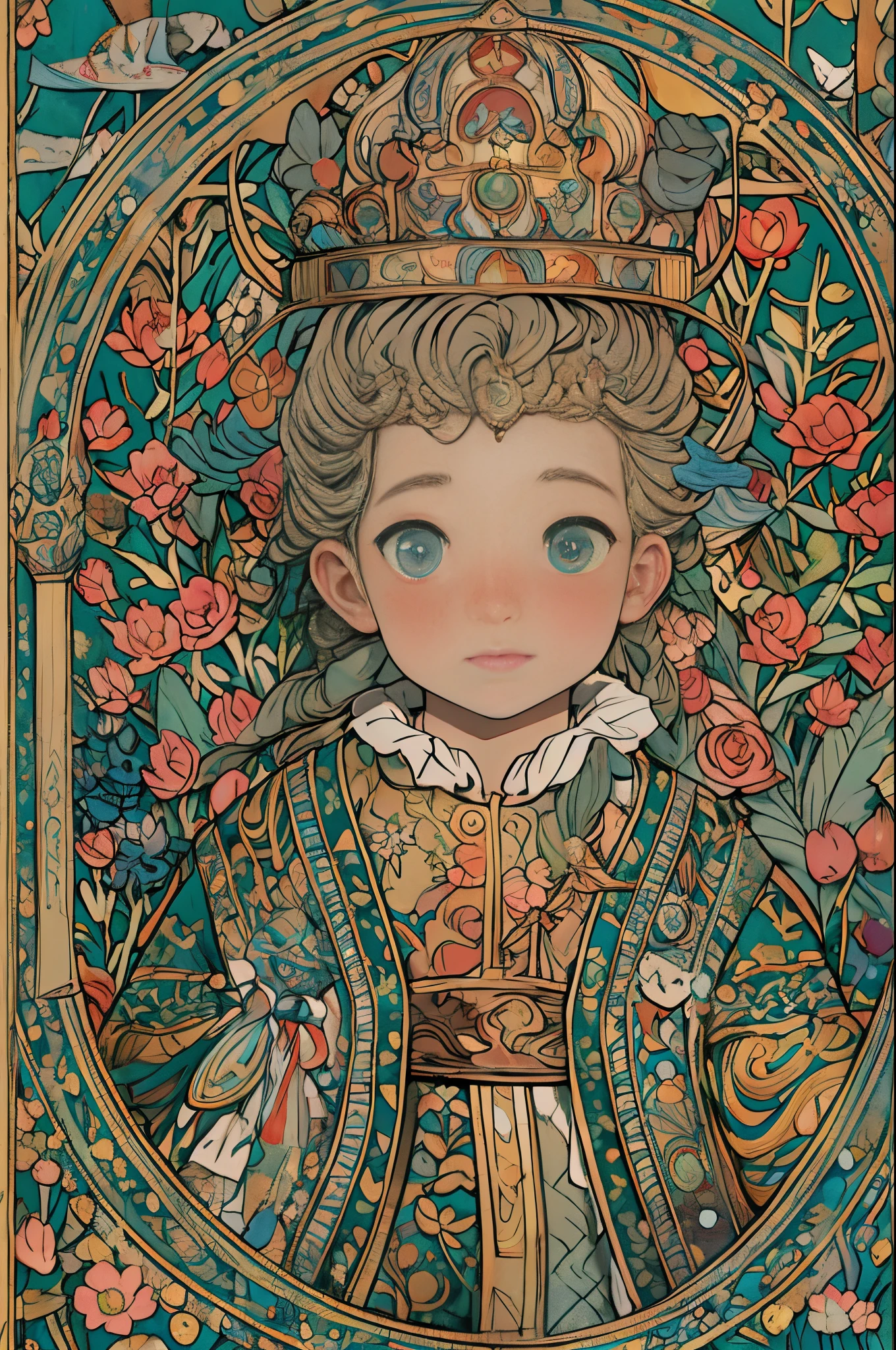paint a decorative painting，little prince wearing crown，3 year old boy，Childish face，Bright and harmonious colors，（Decorative painting：1.6），dressed in：Exquisite and noble robe，Elaborate Eyes，delicated face，simple backgound，Lots of flowers around，flowers blooming，A sea of flowers，（tangled，datura，Tangles，entangled）， (s fractal art: 1.3)，simple backgound，Upper part of the body，