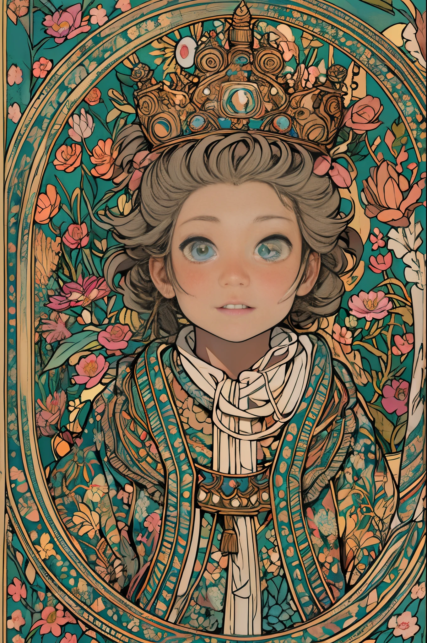paint a decorative painting,little prince wearing crown,3 year old boy,Childish face,Bright and harmonious colors,(Decorative painting:1.6),dressed in:Exquisite and noble robe,Elaborate Eyes,delicated face,Large breasts, Large breasts,elaborate earrings,simple backgound,Lots of flowers around,flowers blooming,A sea of flowers,(tangled,datura,Tangles,entangled), (s fractal art: 1.3),simple backgound,Upper part of the body,