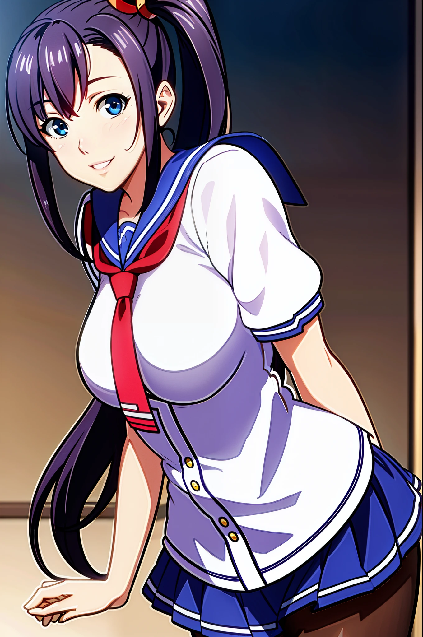 perfect eyes:1.2, detailed eyes:1.4, Blue sailor collar, school uniform, cowboy shot, pantyhose, serafuku, short sleeves, Red neckerchief, White shirt, Blue eyes, Purple hair, bangs, side ponytail, Hair ornament, 20yo, Young female, Beautiful Finger, Beautiful long legs, Beautiful body, Beautiful Nose, Beautiful character design, perfect balance, smile, 1girl, solo, (masterpiece:1.6, best quality), 8k, insane details, intricate details, hyperdetailed, hyper quality, high detail, ultra detailed, professional, HDR, ray tracing reflection, cinematic lighting,