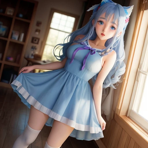 (Masterpiece) (High Detail) (High Res) A close up of short skinny humanoid girl with pale human skin and blue eyes and long blue hair and blue dog ears and a big fluffy dog tail and average bust. British face. She kneeling on a bed and is smiling and is wearing an oversized white t-shirt and thigh-high stockings.