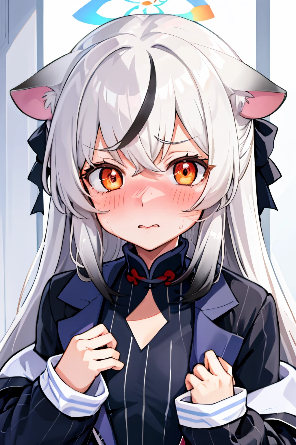 1girl, kokona, indoors, orange eyes, white hair, :3 mouth, embarrassed, beautiful eyes, beautiful lips, shiny lips, extremely detailed eyes and face, long eyelashes, close-up, warm lighting, vibrant colors, looking at the viewer, embarrassed look, blush, in a snowy place, winter clothes, winter wonder
