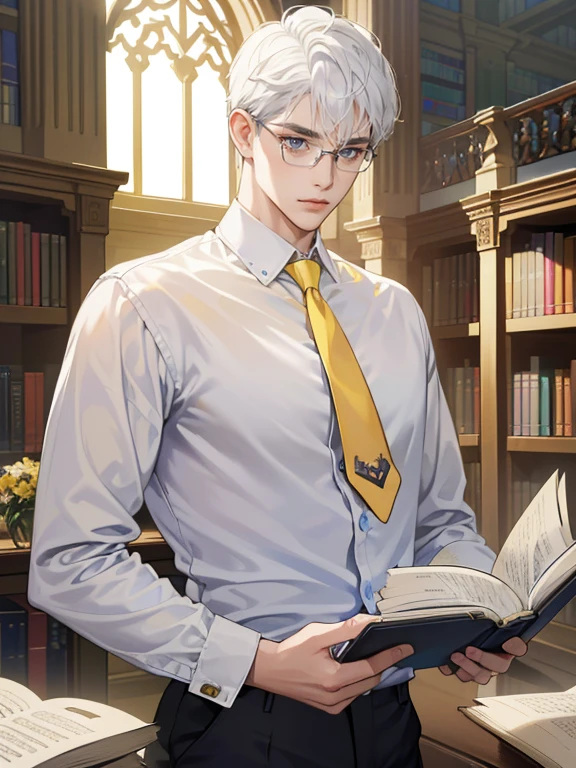 (absurdres, highres, ultra detailed)((1 male with short white hair, blue eyes, wearing eyeglasses, wearing white shirt, yellow necktie, and black pants, pose: reading a book))(background: warm lighting from windows, victorian library)