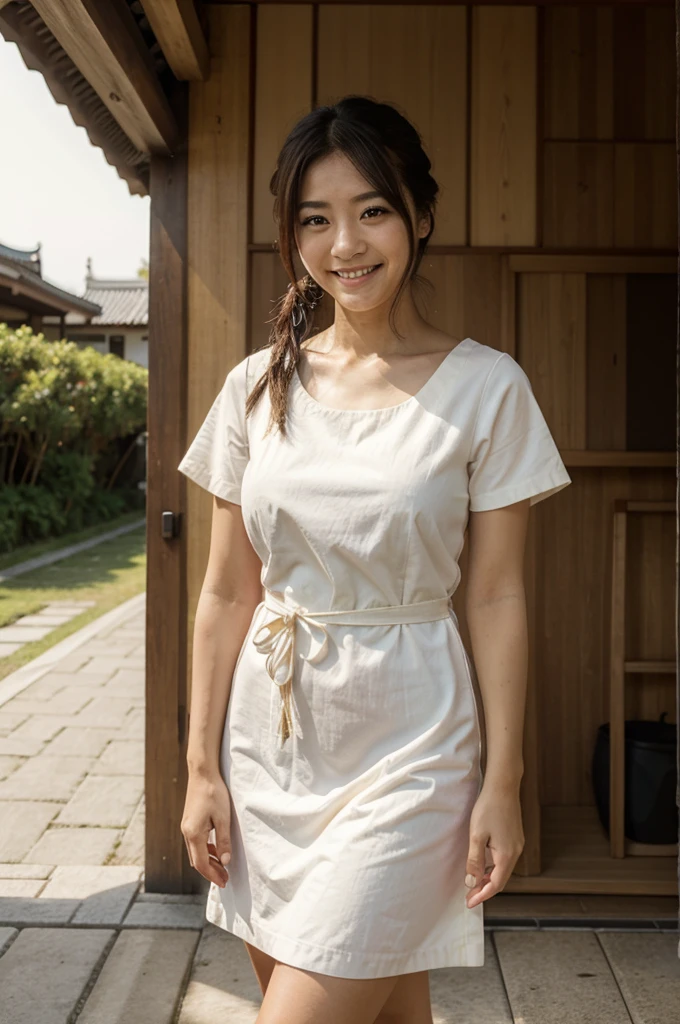 chica japonesa sonriente mirando el horizonte con vestido tradicional