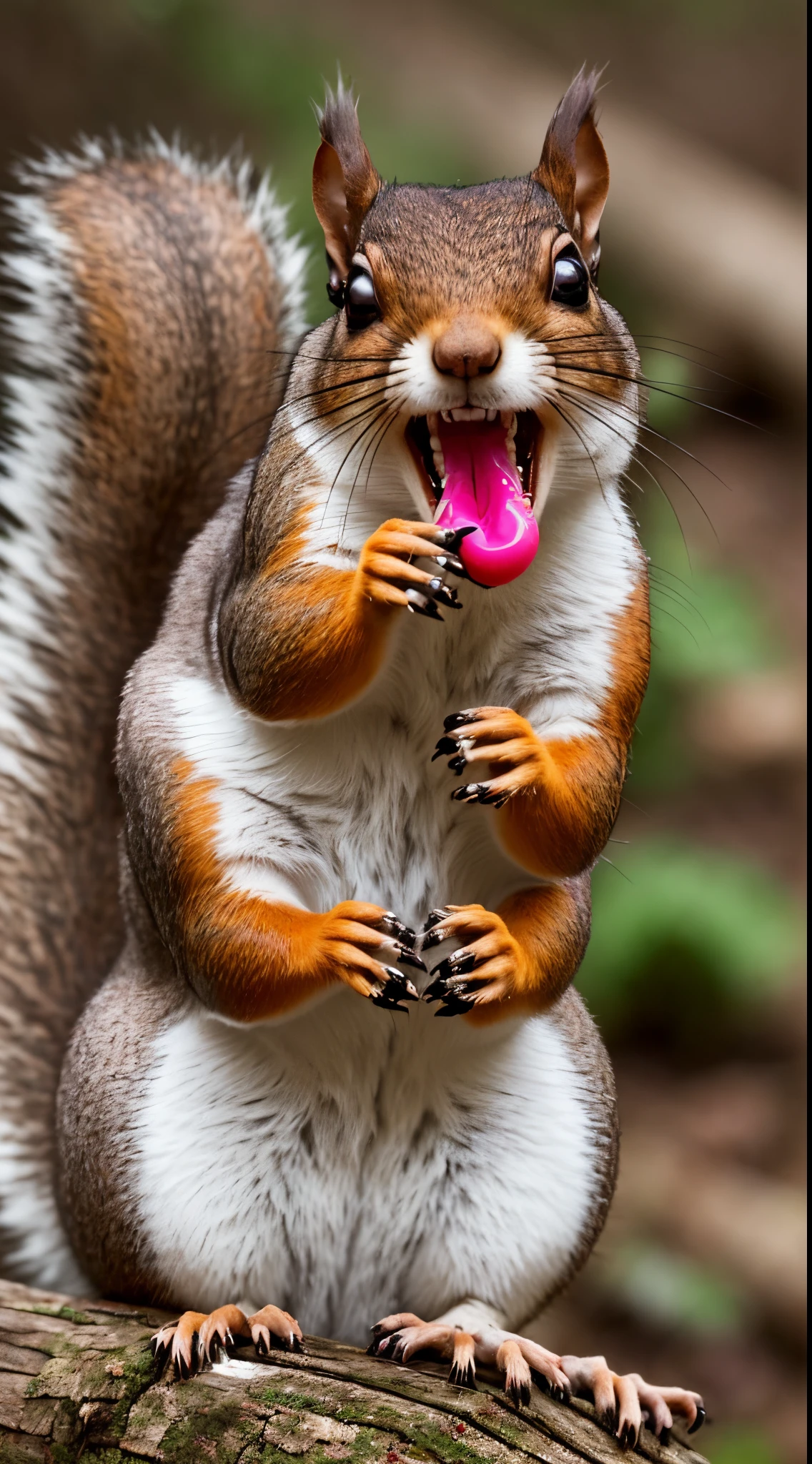 A feral rabid squirrel with mange and extremely dilated pupils and a foaming mouth with really grossly long claws scratching at a bunch of red sores on its skin