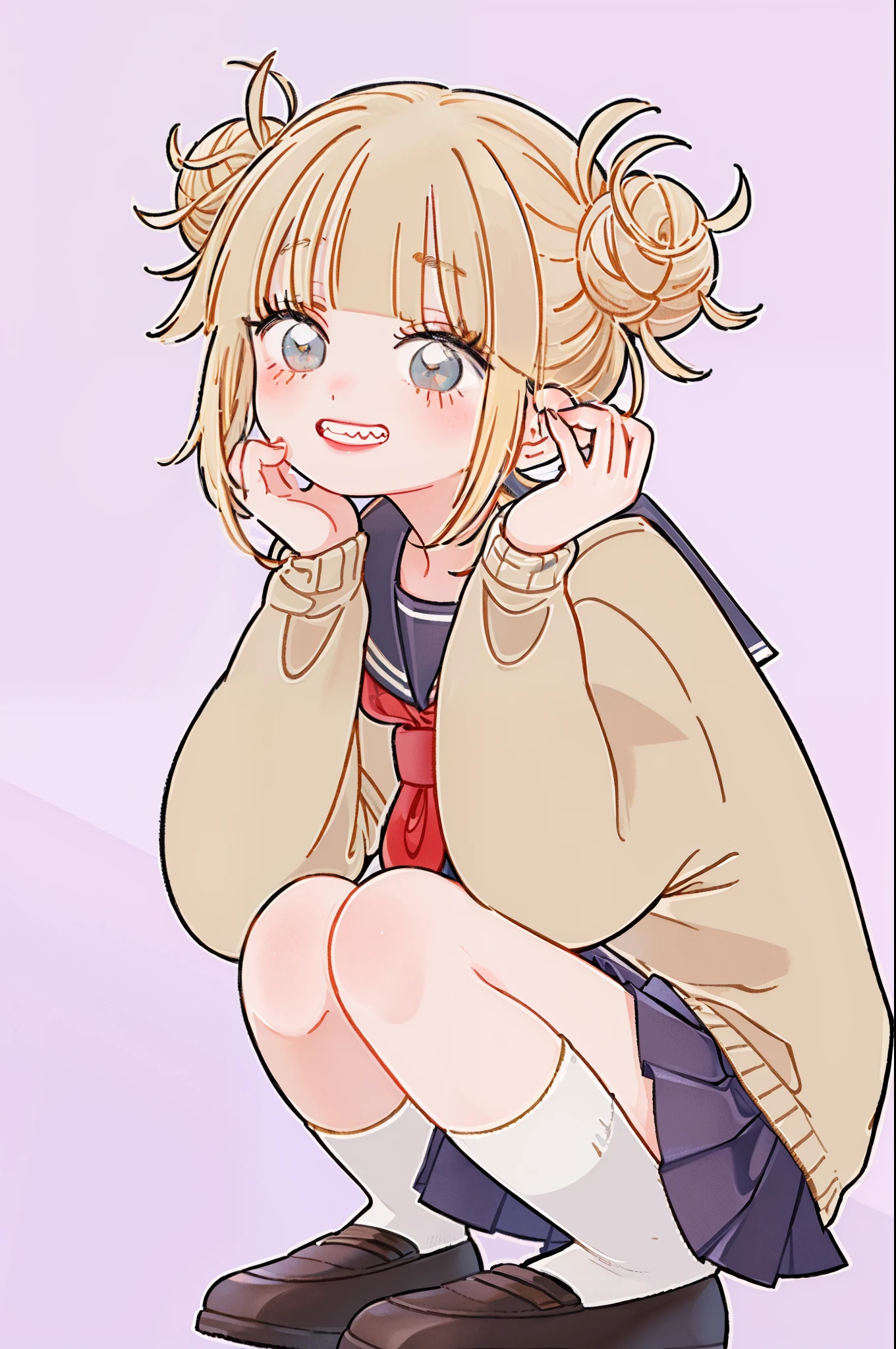 masterpiece, top-quality, best quality, ultra detailed, solo, A detailed face, Himiko Toga, School uniform, blonde hair, Show your teeth and grin, Squatting, close knees, Put hand on cheek
