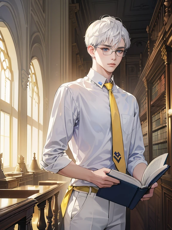 (absurdres, highres, ultra detailed)((16 year old male with short white hair, blue eyes, wearing eyeglasses, wearing white shirt, yellow necktie, and black pants, pose: reading a book))(background: warm lighting from windows, victorian library)