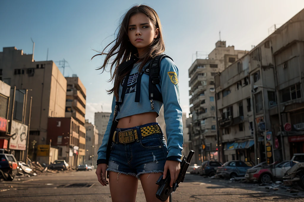 In a broken city with crumbling streets, a scene of doomsday unfolds. The focal point of the image is a 13 year old girl with a disheveled appearance, wearing shabby clothes that barely cover her body. Her expressive eyes reveal a mix of fear and determination. The intense emotions are further emphasized by her detailed lips, which quiver with anxiety.

((Her shirt is light blue with two yellow vertical strips)), she is holding a cyberpunk large weapon, she has patches with nuclear symbols on them, she has steel armor on her shoulders and neck,