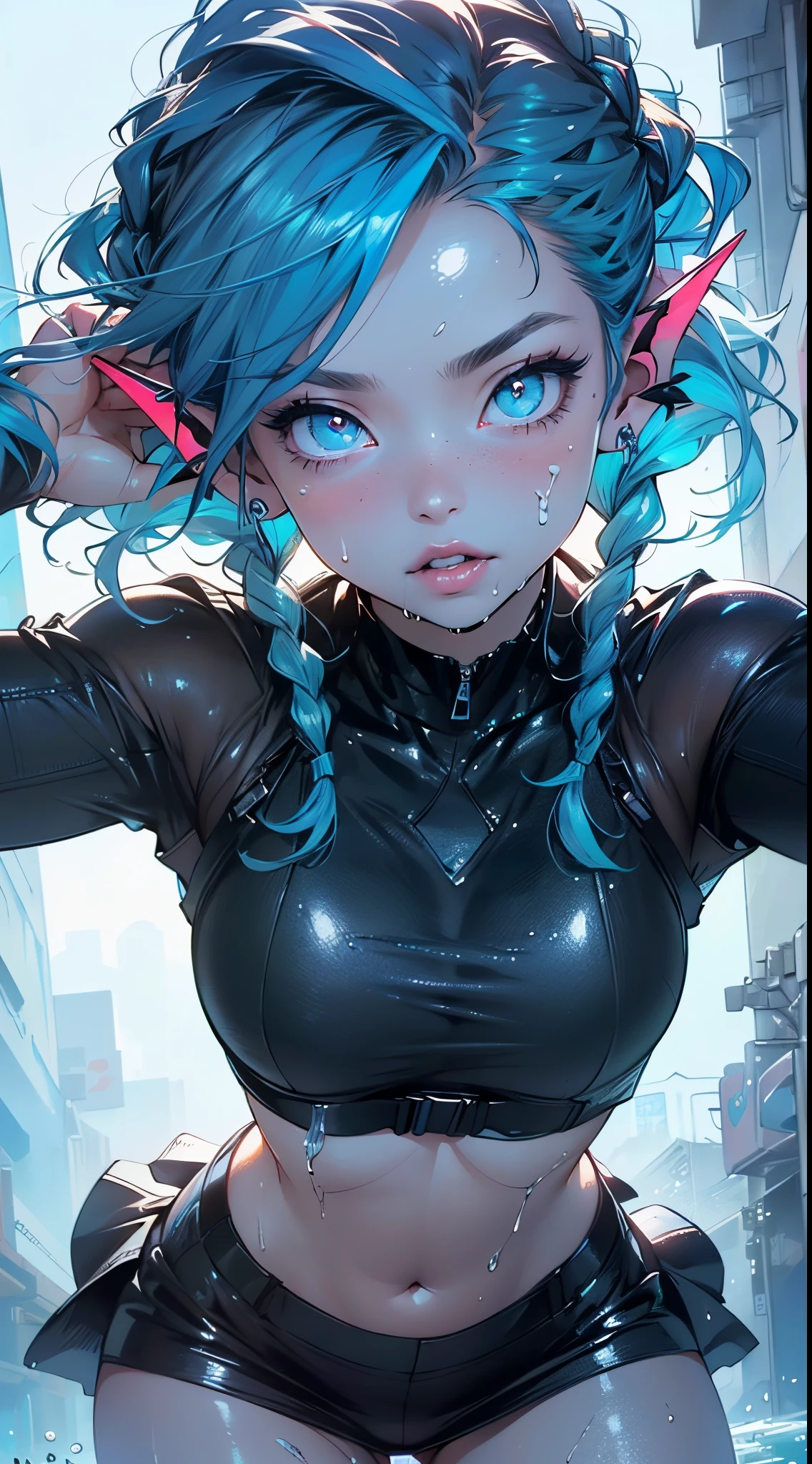 cute cartoon girl,(((1girl))),((extremely cute cartoon girl with liquid paint hair)),
(large breasts:1.4),(((very long hair,absurdly long hair,hair down to the waist,liquid paint hair:1.1,neon purple hair|neon pink hair|neon blue hair|neon aqua hair|purple hair|fuchsia hair|fluorescent blue hair|amethyst hair|neon hair|bright pink hair :1.5,bright hair: 1.3,hair made of paint and defies gravity,thick flowing,paint splatter:1.3,shiny hair: 1.3,vibrant colored hair))),((heterochromia:1.5, (purple_eye and pink_eye))),intricate eyes,beautiful detailed eyes,symmetrical eyes,((fat)),(((lustrous skin:1.5,bright skin: 1.5,skin tanned,shiny skin,very shiny skin,shiny body,plastic glitter skin,exaggerated shiny skin,illuminated skin,wet legs))),(spider lower abdomen,narrow waist,wide hip,athletic body,inflated legs, thick thighs,detailed body,(detailed face)),
cute,slutty,seductive,erotic,(nsfw)
(((liquid paint clothes,clothes made of liquid paint,body paint))),underboob,with liquid paint micro clothes,body paint,dripping paint,liquid pain tiny thong,bare legs,((wet liquid paint clothes,detailed outfit,detailed liquid paint clothes)),
(dynamic pose:1.0),solo focus,embarrassed,(centered,scale to fit dimensions,Rule of thirds),
cyberpunk city by the ocean at night, with bright neon signs and dark stormy clouds and puddles, scenery:1.25,nighttime, starry night, cosmos,Very dark night that makes the neon lights stand out, very bright neon lights,nighttime, starry night, cosmos,
artistic photography,(photography taken by sldr),highres, sharp focus,(ultra detailed, extremely detailed), (photorealistic artwork:1.37),(extremely detailed CG unity 8k wallpaper),((synthwave background theme)),(((vibrant colors))),intricate,(intricate background),(masterpiece),(best quality),perfect rendered face,perfect face details,realistic face,photo realistic,analog style,((intricate detail)),(((realism))),
