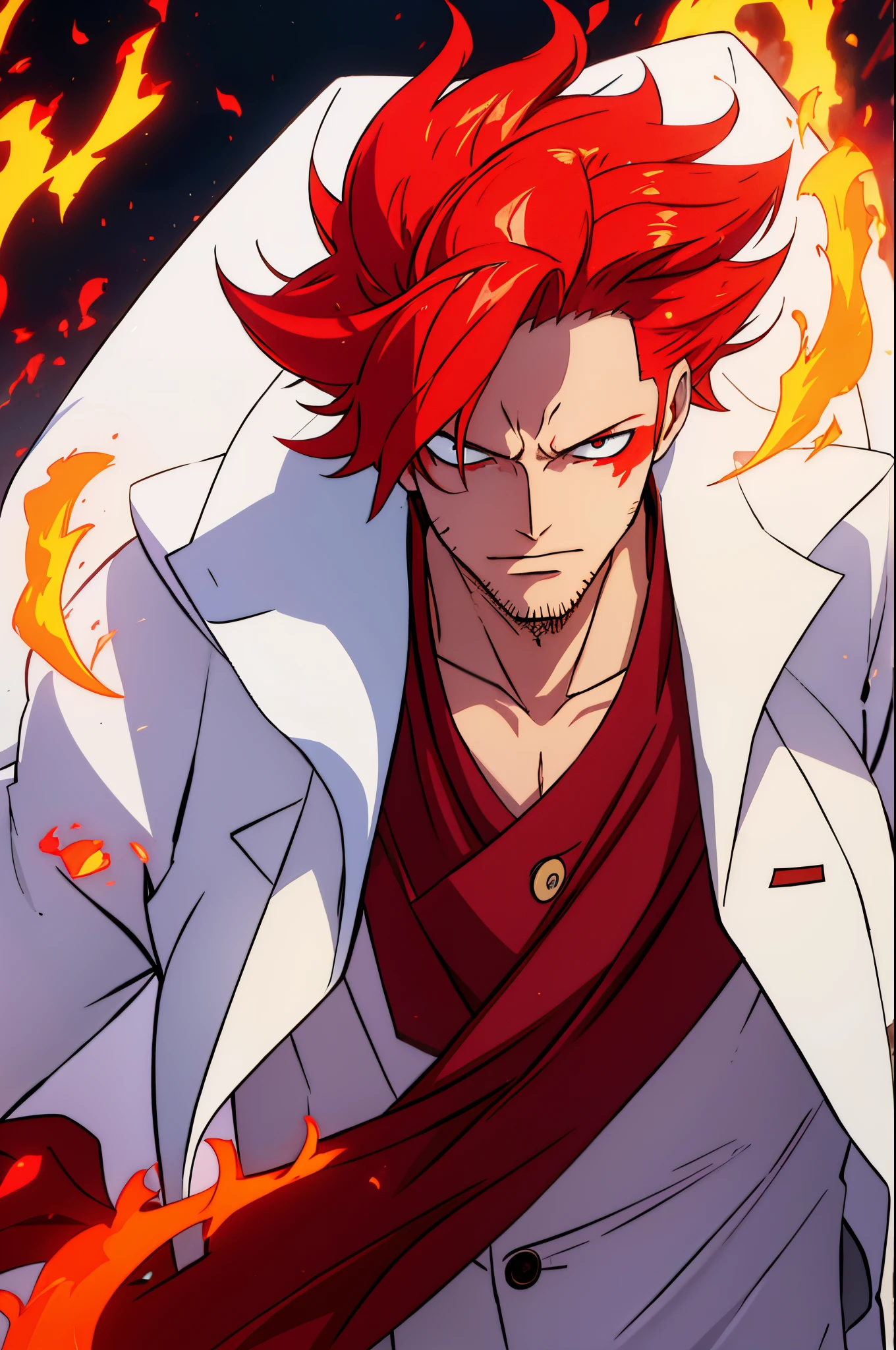 A man, Wearing a white coat, He has long red hair, fire aura
