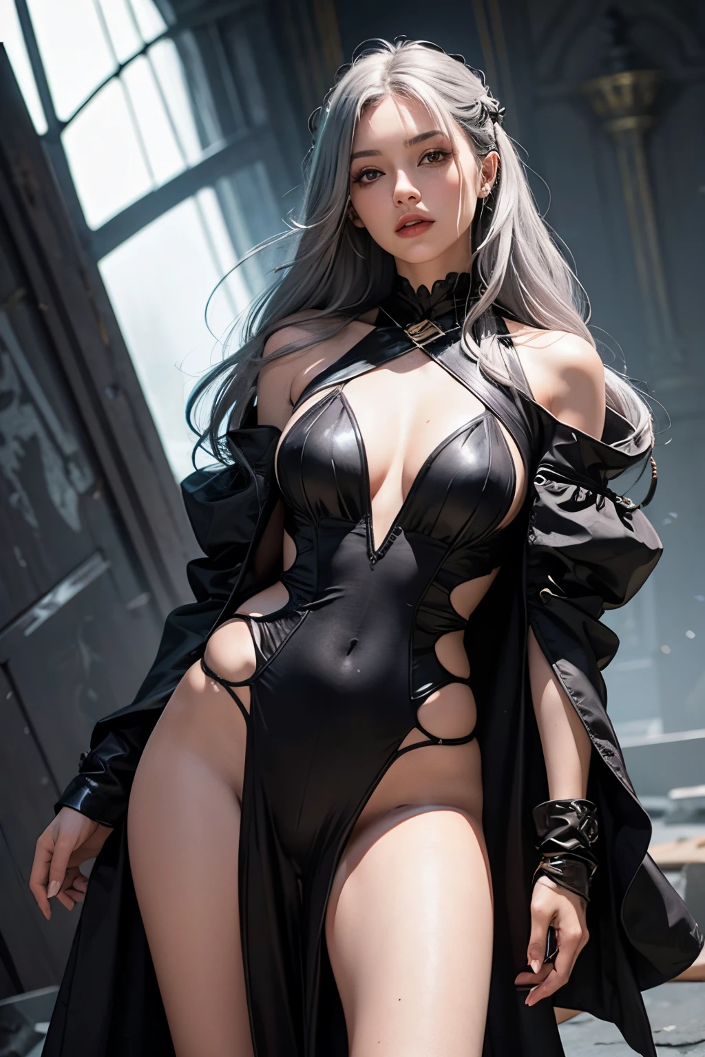 Female sorceress,grey hair,long hair,black eye,black and grey costume