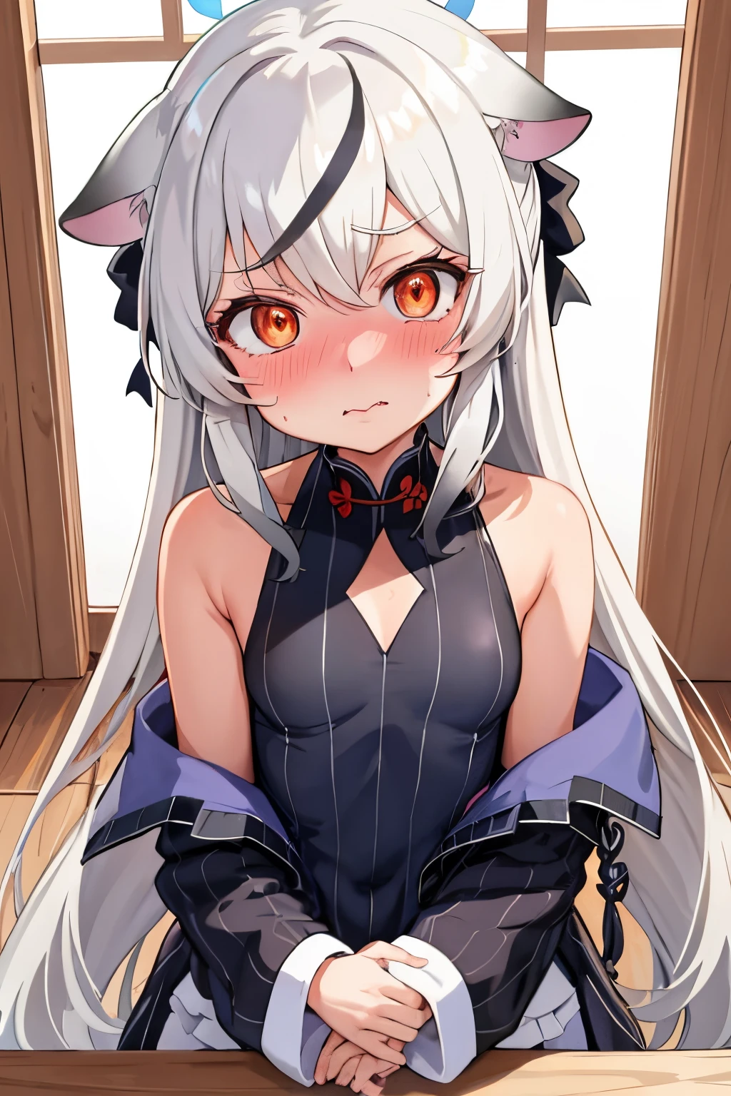 1girl, kokona, indoors, orange eyes, white hair, :3 mouth, embarrassed, beautiful eyes, beautiful lips, shiny lips, extremely detailed eyes and face, long eyelashes, close-up, warm lighting, vibrant colors, looking at the viewer, embarrassed look, blush, in a tavern