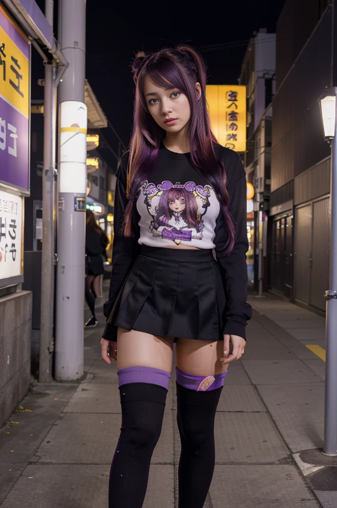 (masterpiece, highest quality, (1 girl 1.3), good lighting, realistic, outside standing on the side walk in Osaka, (E-girl fashion, skirt with thigh high socks, Long sleeve tee shirt) colorful (colorful hair, streak of purple rest black),