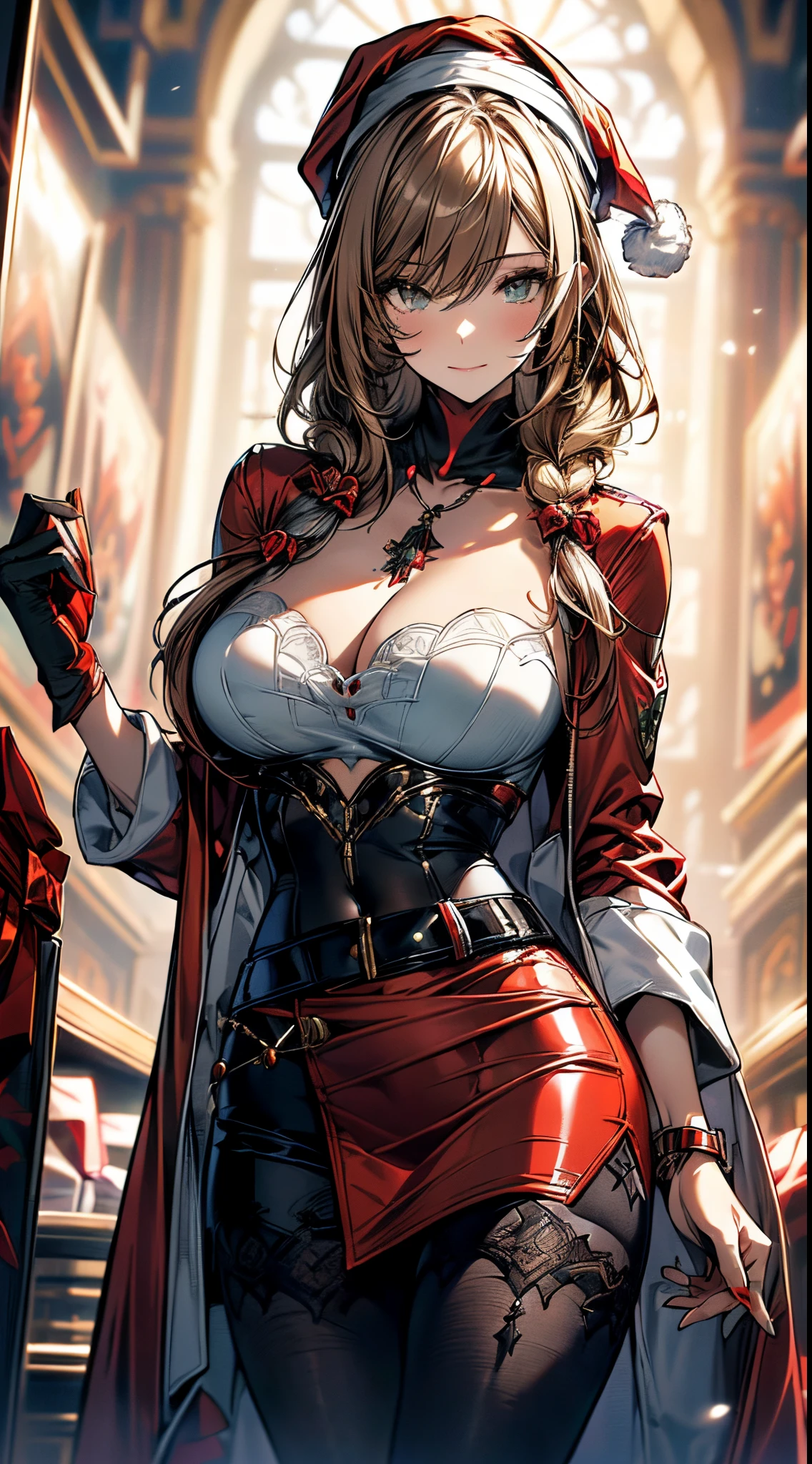 (image board:1.3), a matured woman with long black hair and a red outfit, (Santa girl:1.3), red winter coat with far, knit scarfs, tigh length long boots, red and green winter outfits, holding present box with wrapping by ribbon, Christmas tree decorated with many ornaments, wearing red pencil skirt, Arabic, bodyesbian, fine details. girls frontline, beautiful anime illustration, from girls frontline, by Yang J, stunning, 28 years old, (milf:1.3), (solo:1.5), (sfw:1.25), (sagging breast, fuge breasts, big tits, thin waist, big ass:1.2), Raised sexy, (dark mahogany medium short hair, updo, hair over one eye, asymmetric hair, Carly hair, low tied braids), (musulman, white Headscarfs, hair bands, head vandage, Turban), (ultra high resolution, 8K RAW photo, photo realistics, thin outline:1.3, clear focus), best qualtiy, cinematic lighting, textile shading, blurry back ground, field of depth, bokeh, (Bright pupils, fine detailed beautiful eyes with highlight:1.3, high detailed face), Red lip, fine realistic skins:1.1, looking at viewers:1.3, (dynamic angle:1.3, front view:1.1, tight focus:1.3, from below:1.2), (dynamic posing:1.5, sexy posing:1.2, leaning forward), (seductive smile:1.2), centered image, (wearing red long jacket and clothes, wearing red robes:1.3, ((bare breast:1.37)), gold ornaments, rolling red clothes around waist, dark red long leather boots:1.3, translucent lace pantyhose), (((correct anatomy:1.5, perfect anatomy:1.37))), (in a night:1.3),