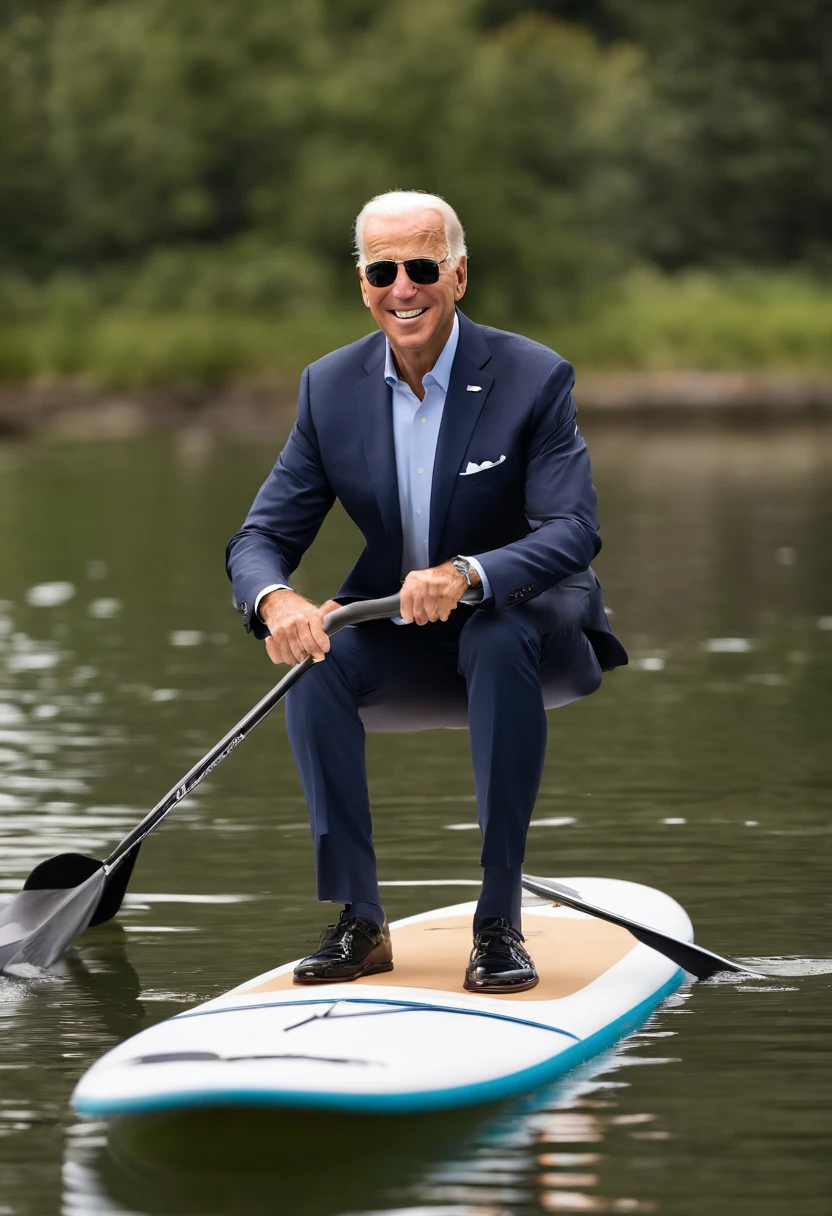 A photo of Joe Biden enjoying a tranquil paddleboarding session on a serene lake,original, Joe Biden, the President of the United States, is typically seen in a suit and tie, often with a smile and aviator sunglasses, which have become somewhat of a trademark look for him. He has white hair, blue eyes, and is known for his friendly demeanor.