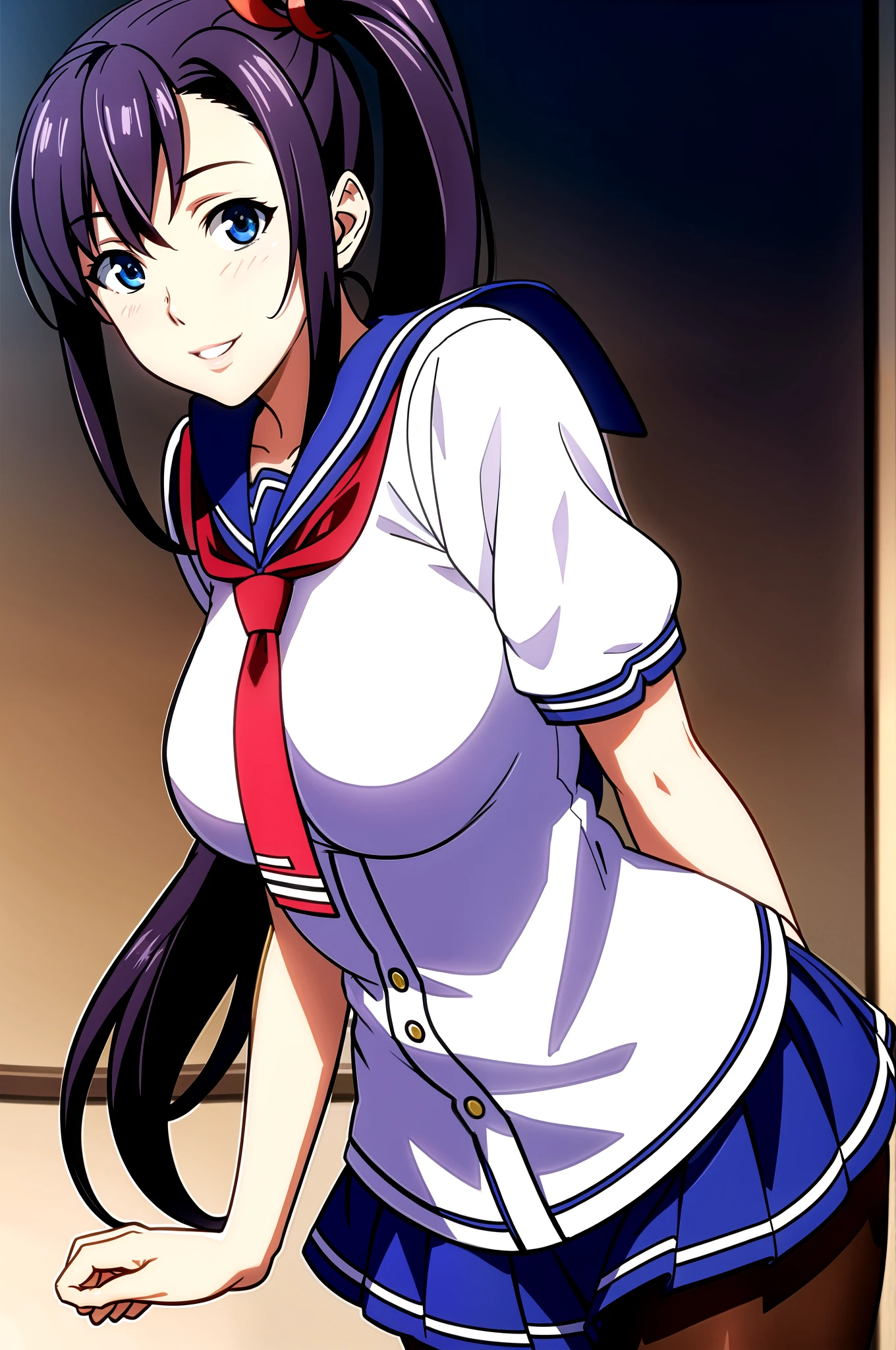 perfect eyes:1.2, detailed eyes:1.4, Blue sailor collar, school uniform, cowboy shot, pantyhose, serafuku, short sleeves, Red neckerchief, White shirt, Blue eyes, Purple hair, bangs, side ponytail, Hair ornament, 20yo, Young female, Beautiful Finger, Beautiful long legs, Beautiful body, Beautiful Nose, Beautiful character design, perfect balance, smile, 1girl, solo, (masterpiece:1.6, best quality), 8k, insane details, intricate details, hyperdetailed, hyper quality, high detail, ultra detailed, professional, HDR, ray tracing reflection, cinematic lighting,