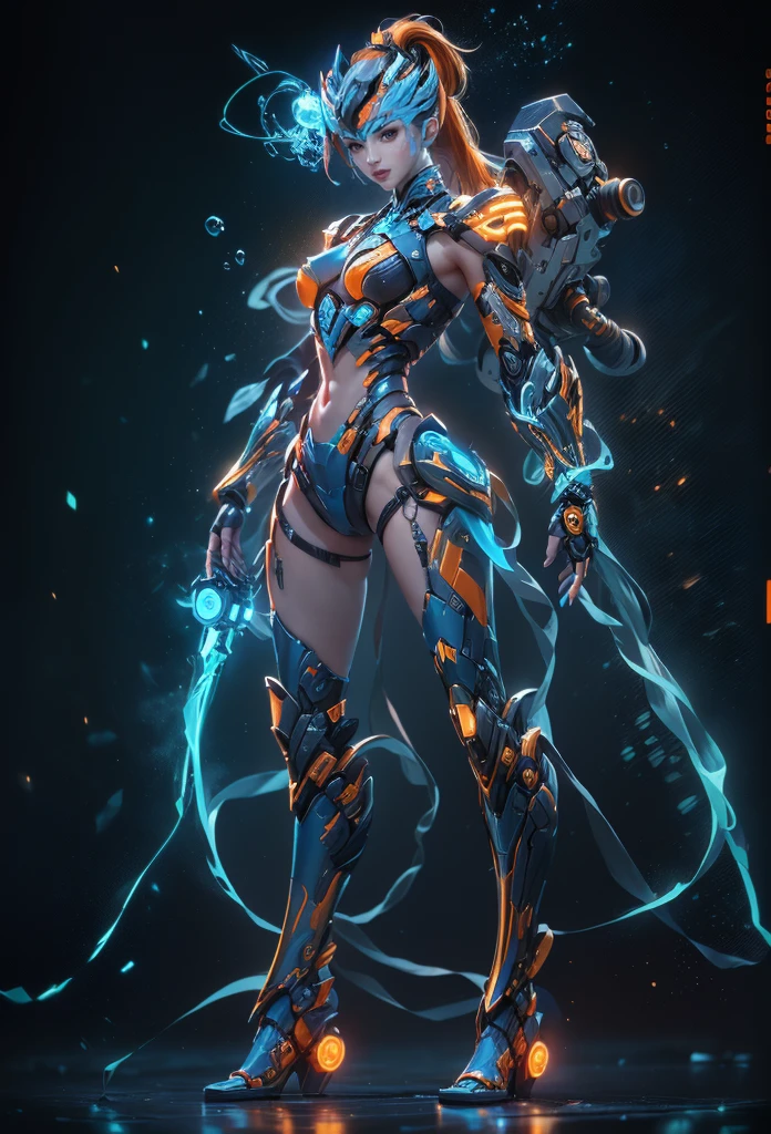 Kim Kroll, Game character design,3D character rendering,(((pixar-style))),League of Legends Jinx,((1个Giant Breast Girl,(Blue double ponytail: 1.5),Very long blue braids,red eyes,Laughter,future warrior,Mechanical Warframe,Decorated with luminous lines and rivets,With streamer effect or LED light embellishment,Laser cannon、Ion cannon or pulse cannon)),((Hairstyling design:Brilliant deep blue,Add some glowing elements,Futuristic headwear such as orange photoelectric glasses or head-mounted displays)),((expressive design:Add some glowing lines or orange LED light effects to the face decoration,Design different facial expressions,Highlight the image of future warriors)),(action design:On the move、When releasing a skill or attacking,Add some special effects and animations,Highlight the sense of future and combat),((Special effects design:Add a cool orange lighting effect、Electromagnetic wave effect or virtual interface,Enhance skin visual impact)), (((The stands up,Metal heels: 1.8, Glowing lines or orange LED light effect))), (Full body shot: 1.5),gaming character