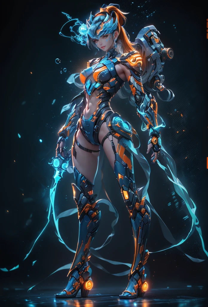 Kim Kroll, Game character design,3D character rendering,(((pixar-style))),League of Legends Jinx,((1个Giant Breast Girl,(Blue double ponytail: 1.5),Very long blue braids,red eyes,Laughter,future warrior,Mechanical Warframe,Decorated with luminous lines and rivets,With streamer effect or LED light embellishment,Laser cannon、Ion cannon or pulse cannon)),((Hairstyling design:Brilliant deep blue,Add some glowing elements,Futuristic headwear such as orange photoelectric glasses or head-mounted displays)),((expressive design:Add some glowing lines or orange LED light effects to the face decoration,Design different facial expressions,Highlight the image of future warriors)),(action design:On the move、When releasing a skill or attacking,Add some special effects and animations,Highlight the sense of future and combat),((Special effects design:Add a cool orange lighting effect、Electromagnetic wave effect or virtual interface,Enhance skin visual impact)), (((The stands up,Metal heels: 1.8, Glowing lines or orange LED light effect))), (Full body shot: 1.5),gaming character