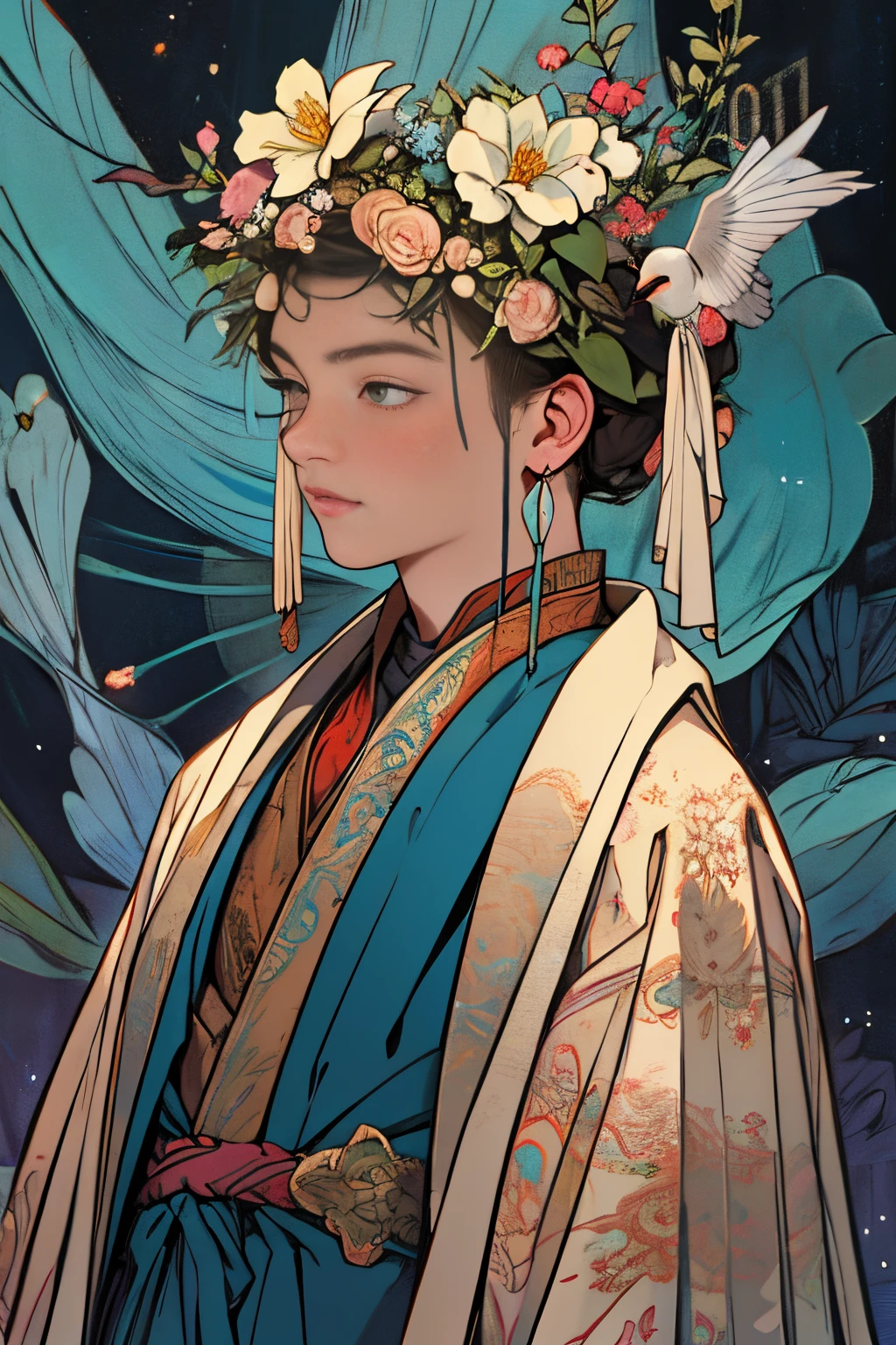 paint a decorative painting，little prince and dove，boy and white bird，（（5 year old boy）），（Childish face：1.5），（（ boy：1.8）），Bright and harmonious colors，（Decorative painting：1.6），dressed in：Exquisite and noble robe，Elaborate Eyes，delicated face，simple backgound，Lots of flowers around，flowers blooming，A sea of flowers，（tangled，datura，Tangles，entangled）， (s fractal art: 1.3)，simple backgound，Upper part of the body，