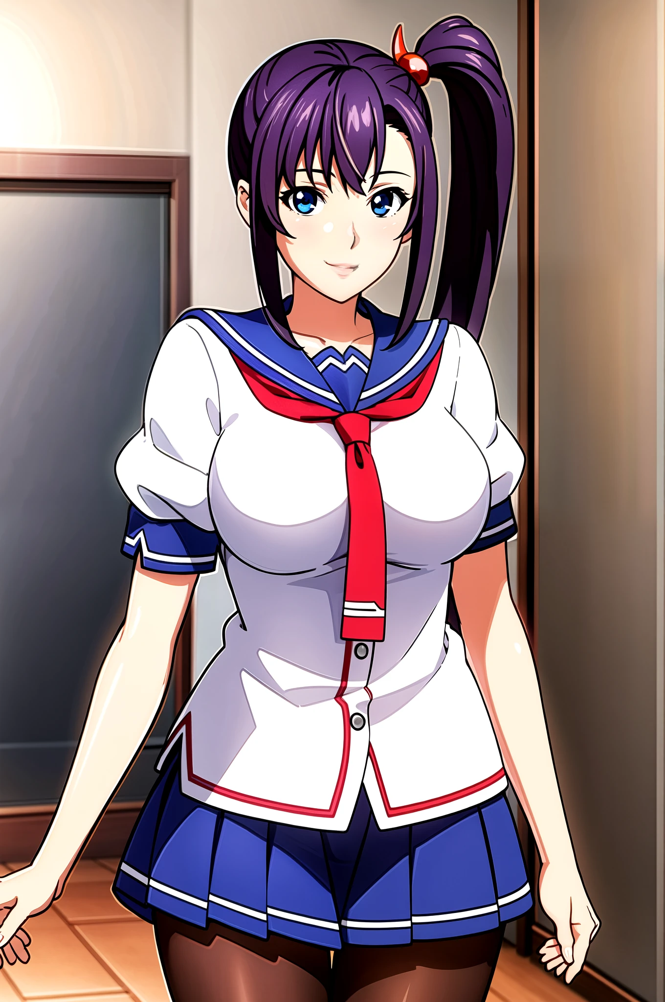 perfect eyes:1.2, detailed eyes:1.4, Blue sailor collar, school uniform, cowboy shot, pantyhose, serafuku, short sleeves, Red neckerchief, White shirt, Blue eyes, Purple hair, bangs, side ponytail, Hair ornament, 20yo, Young female, Beautiful Finger, Beautiful long legs, Beautiful body, Beautiful Nose, Beautiful character design, perfect balance, smile, 1girl, solo, (masterpiece:1.6, best quality), 8k, insane details, intricate details, hyperdetailed, hyper quality, high detail, ultra detailed, professional, HDR, ray tracing reflection, cinematic lighting,