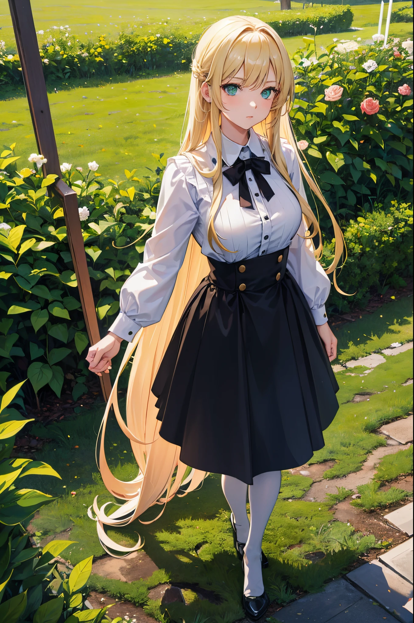 1 woman, long blonde hair, green eyes, bar maid, standing on ground, high res, ultra sharp, 8K, masterpiece