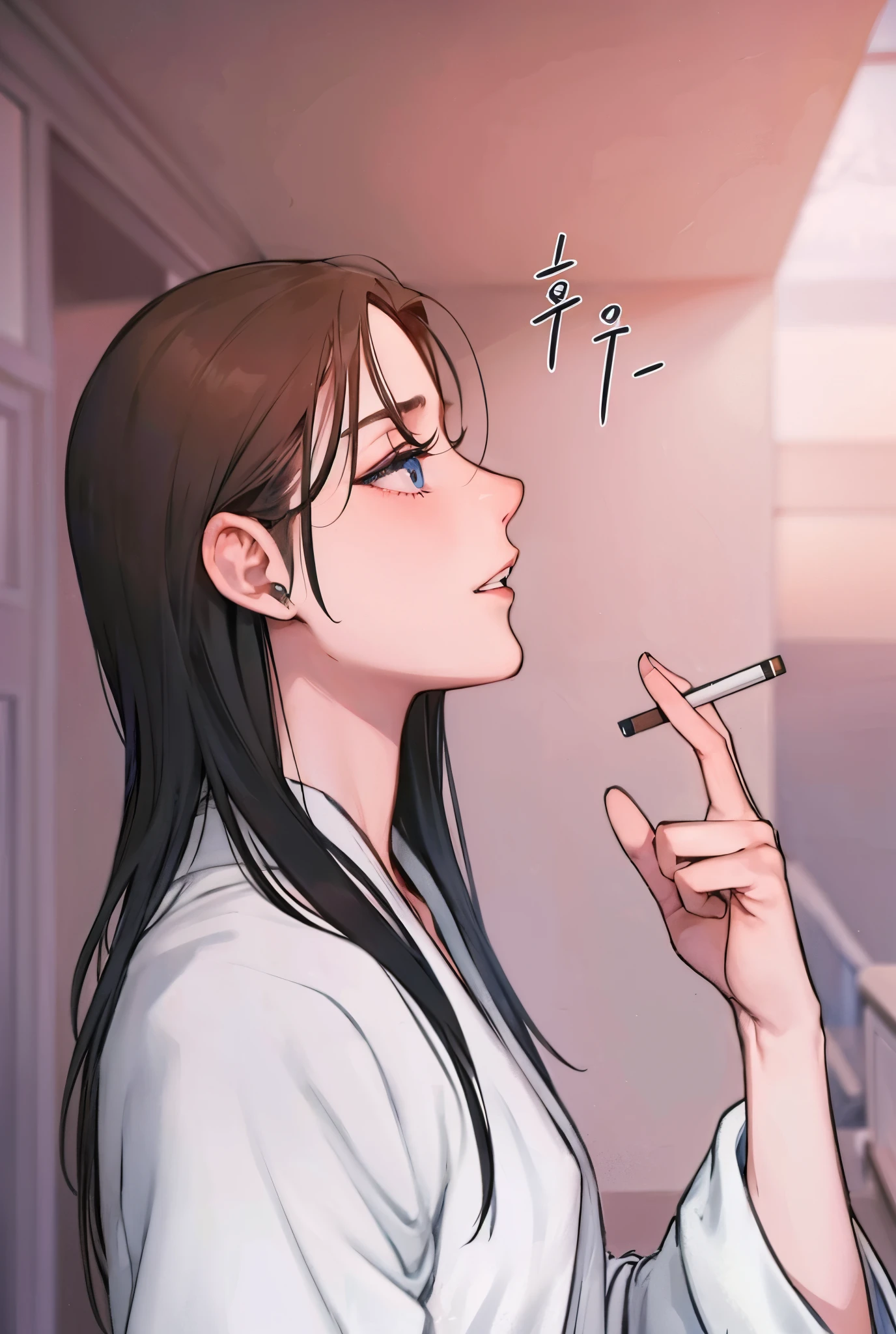 Long hair beautiful woman with blue silver eyes holding smoking cigarette maskuline dress up only wearing a towel