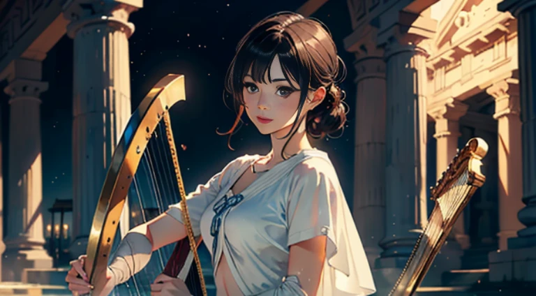(top-quality、hight resolution、masterpiece)、((Watercolor in Sargent style))、(David Hamilton Style)、(softfocus)、ancient greek scene 、The world of Bilitis songs、(greek female bard)、20yr old、美丽的面容、Well-formed eyes and nose、Bewitching smile、Detailed depiction of the face、Classic hairstyles、dramatic pose、Beautiful figure、detail portrayal、(ancient greek clothes)、(White tunic)、greek toga、(play the harp and sing)、Accurate depiction of the Greek lyre、Cinematic scenes、ciinematic light、softlight、raytrace、luminous sky、greek architecture columns、greek pine、(nostalgia)、classic vibes、Blur the background、