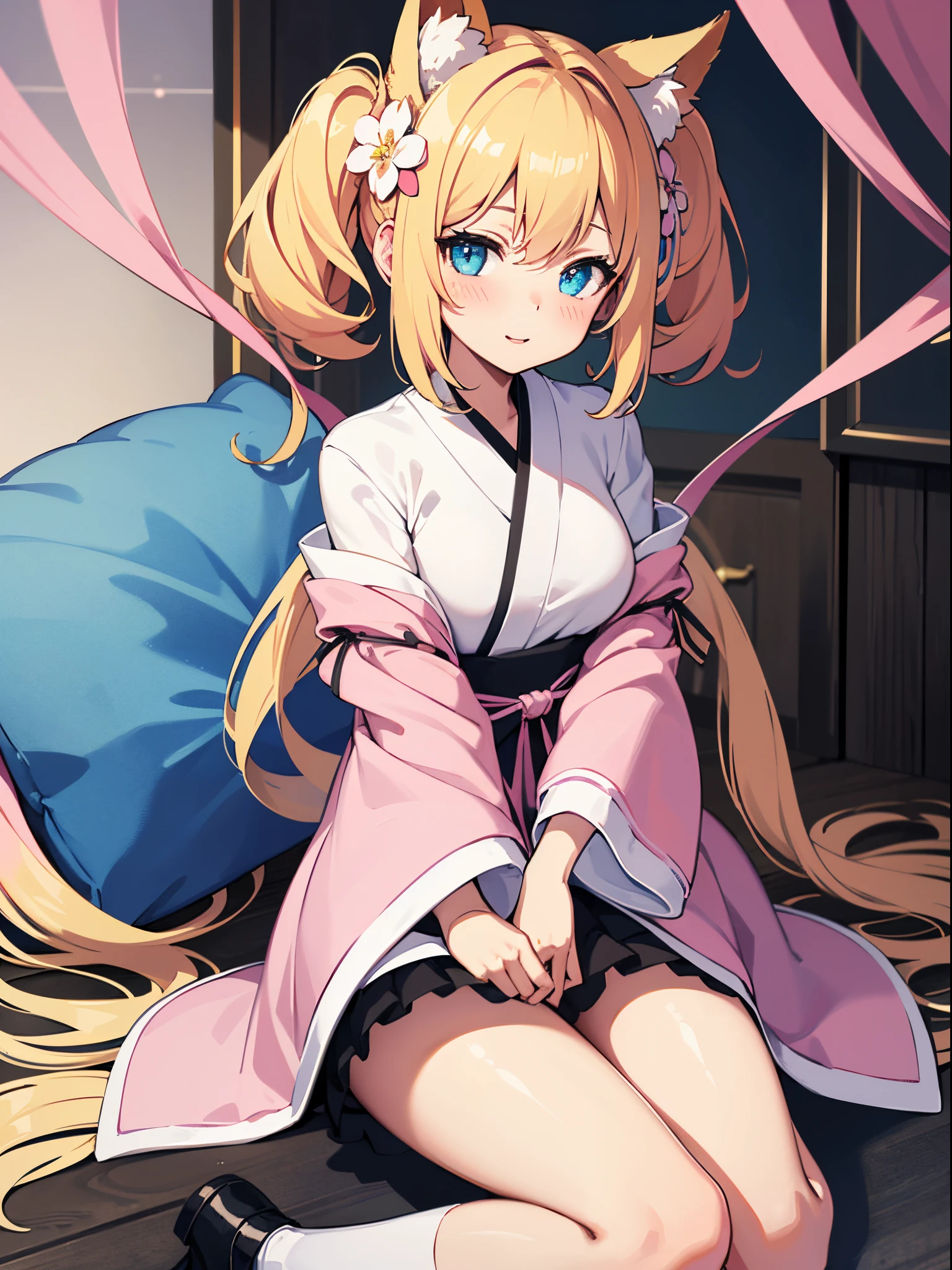 masutepiece, Best Quality,hair flower sketch, flower, Hair Ornament, 1girl in, Animal ears, Blue eyes, white blossoms, Long hair, Solo, Black footwear, Looking at Viewer, blush, Long sleeves, animal ear fluff, Blue hair, Parted lips, Bangs, Komono, Full body, extra ear, Hair intake, Shorts, sash, all-fours, Kimono, hair between eye, Fox ears, masterpiece, super fine illustration, best quality, light particles, ultra-detailed, 8K wallpaper, (bright colors:1.2), solo, ((a little girl)), big breasts, (blonde hair), disheveled hair, short hair, twintail, two side up hair, scrunchie, curly hair, shiny hair, shiny skin, (wearing pale pink and white horizontal striped dress, short sleeve), (frilled miniskirt), (white legwear), ((horizontal striped panty)), (beautiful green eyes, shiny eyes, big eyes), affectionate smile, seductive smile, closed mouth, blush cheeks, (naughty room), (pink bed), (pink pillows), (pink curtain), looking back, get down all fours, nsfw, sunlight, shadow,
