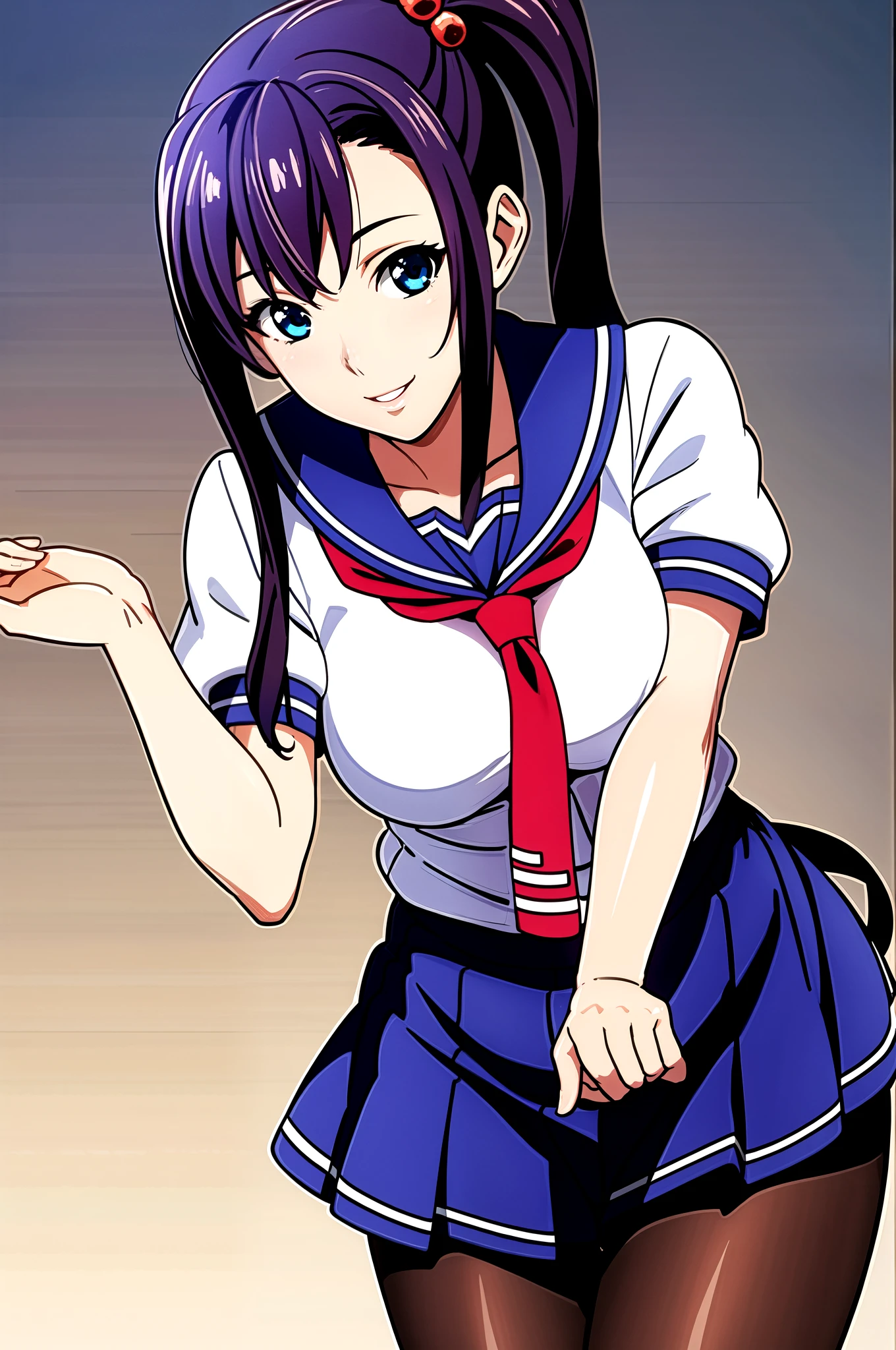 perfect eyes:1.2, detailed eyes:1.4, Blue sailor collar, school uniform, cowboy shot, pantyhose, serafuku, short sleeves, Red neckerchief, White shirt, Blue eyes, Purple hair, bangs, side ponytail, Hair ornament, 20yo, Young female, Beautiful Finger, Beautiful long legs, Beautiful body, Beautiful Nose, Beautiful character design, perfect balance, smile, 1girl, solo, (masterpiece:1.6, best quality), 8k, insane details, intricate details, hyperdetailed, hyper quality, high detail, ultra detailed, professional, HDR, ray tracing reflection, cinematic lighting,