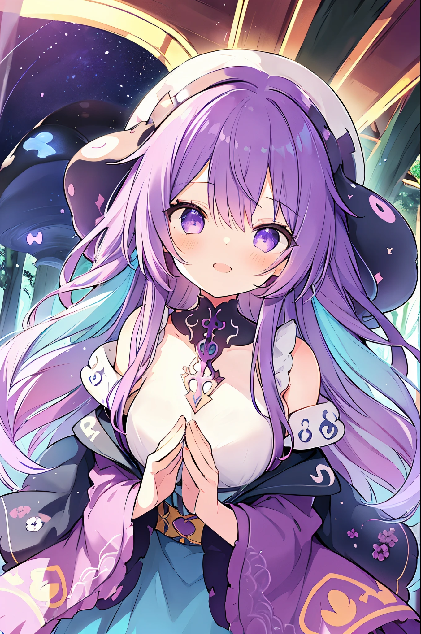(a girl with) mushroom on head, detailed purple hair, curly hair, colorful mushrooms on head, cheerful expression, vibrant colors, fantasy style, ethereal lighting, best quality, ultra-detailed, dreamy atmosphere, magical forest background, whimsical, surreal scene. stars in eyes