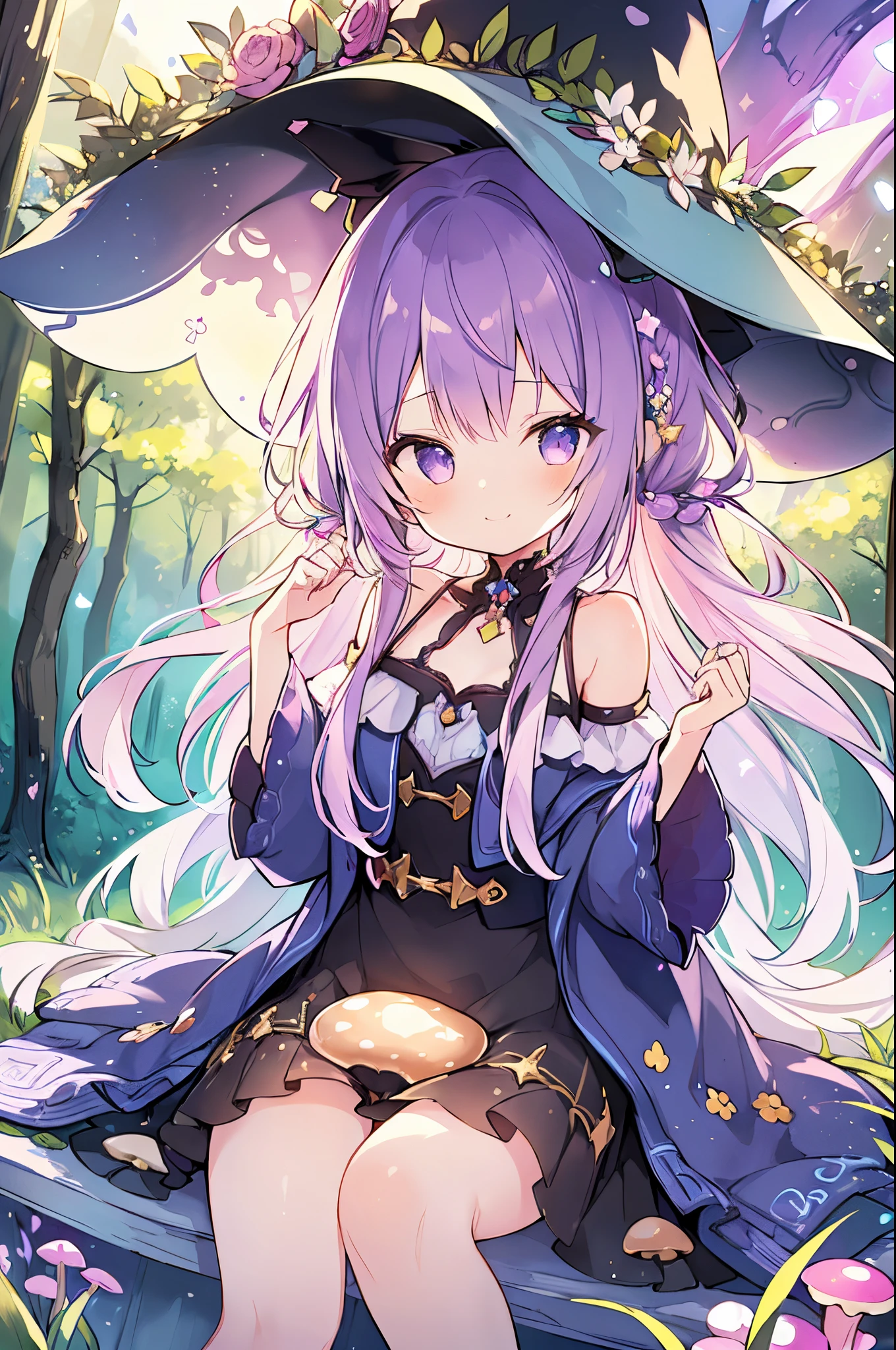 (a girl with) mushroom on head, detailed purple hair, curly hair, colorful mushrooms on head, cheerful expression, vibrant colors, fantasy style, ethereal lighting, best quality, ultra-detailed, dreamy atmosphere, magical forest background, whimsical, surreal scene. stars in eyes