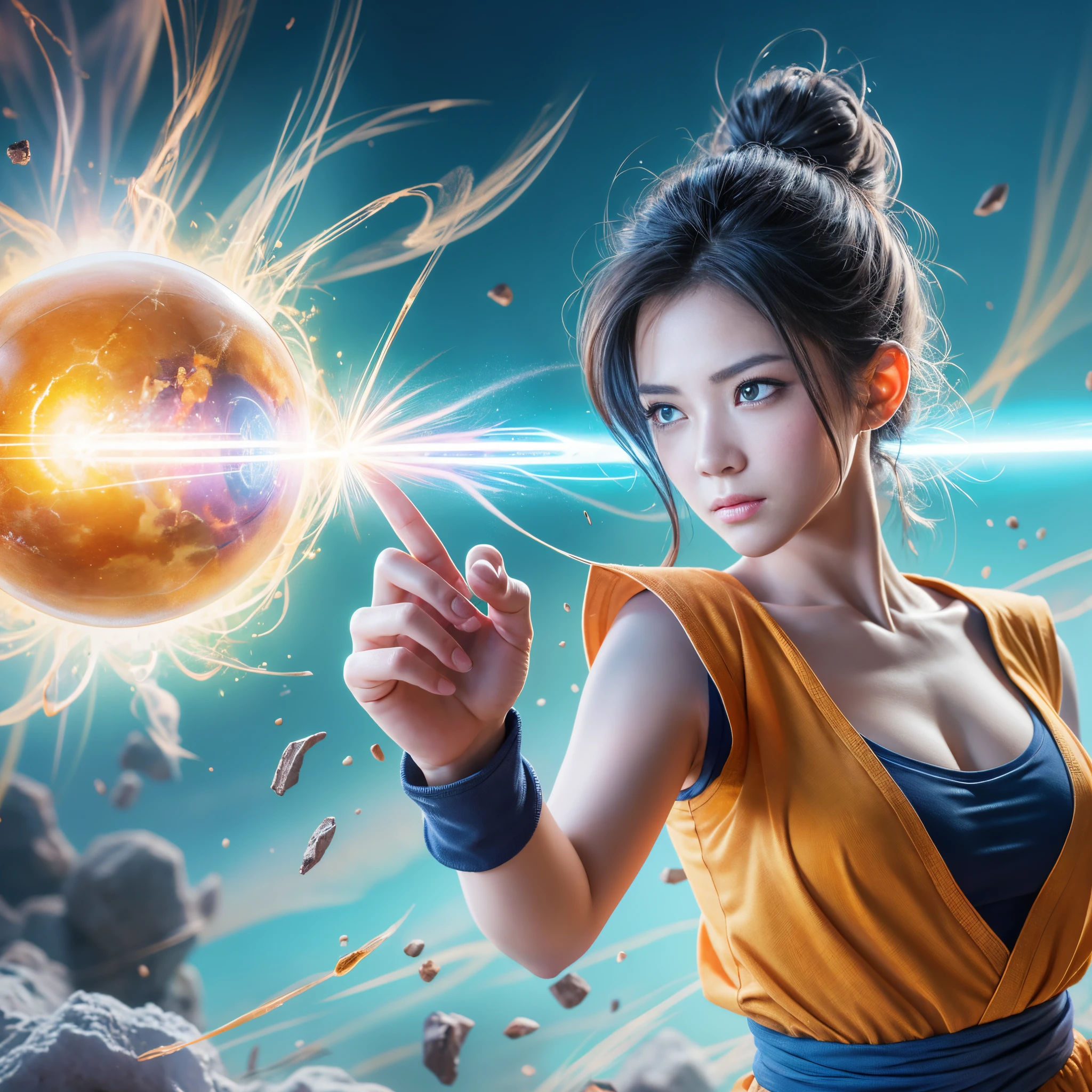 (original photo:1.2), (Reality), Beautiful and meticulous girl, Very detailed eyes and face, Beautiful and delicate eyes, Huge file size, high resolution, Very detailed, best quality, [On the table:1.6], illustration, Very detailed, Fine details, best quality, 8k wallpaper, Movie Lighting, Dragon Ball World 25-year-old female, Shoots a death beam from your hand,serious facial expression, dragon ball costume, martial arts woman, Finger Energy Ball, Concentrated facial expression, Strong