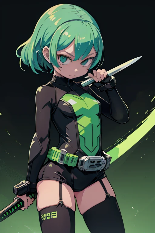 Black and green kamen rider girl with sword, Cyberpunk themed