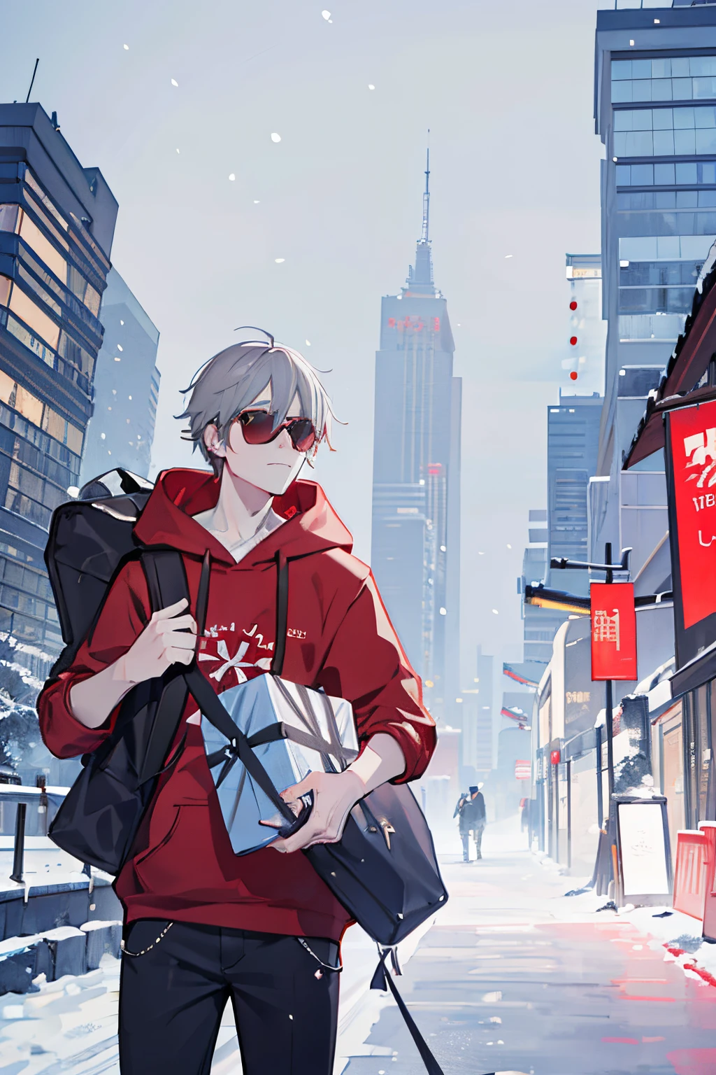 young guy with grey hair, red hoodie, wearing a sunglasses, carrying a bag full of present, snow falling in the background.