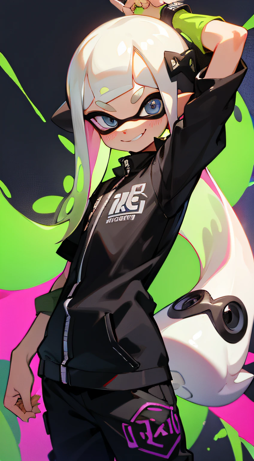 Splatoon3 Inkling White geezer Black clothes Smile Wearing squid patch