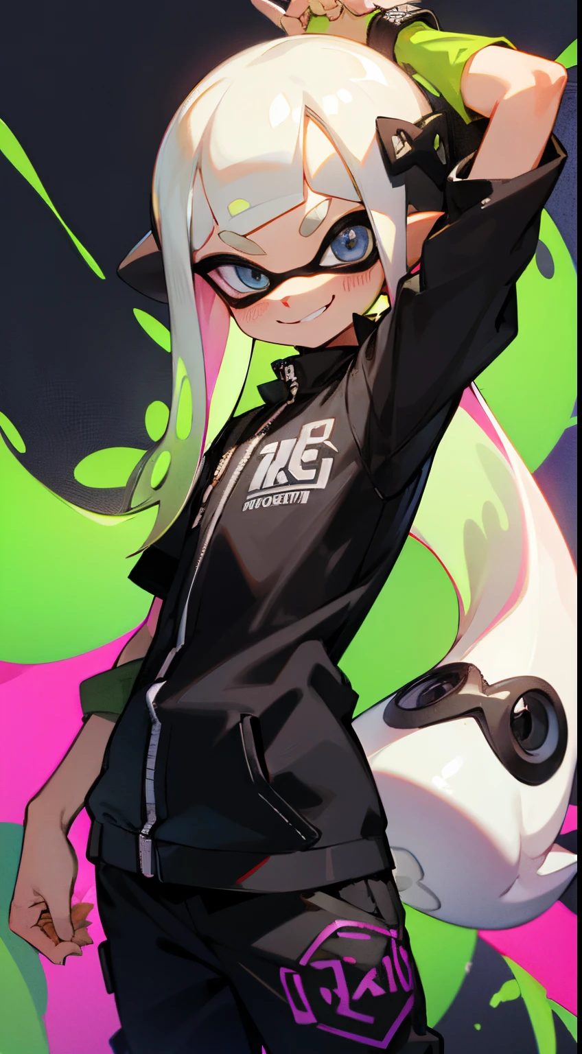 Splatoon3 Inkling White geezer Black clothes Smile Wearing squid patch