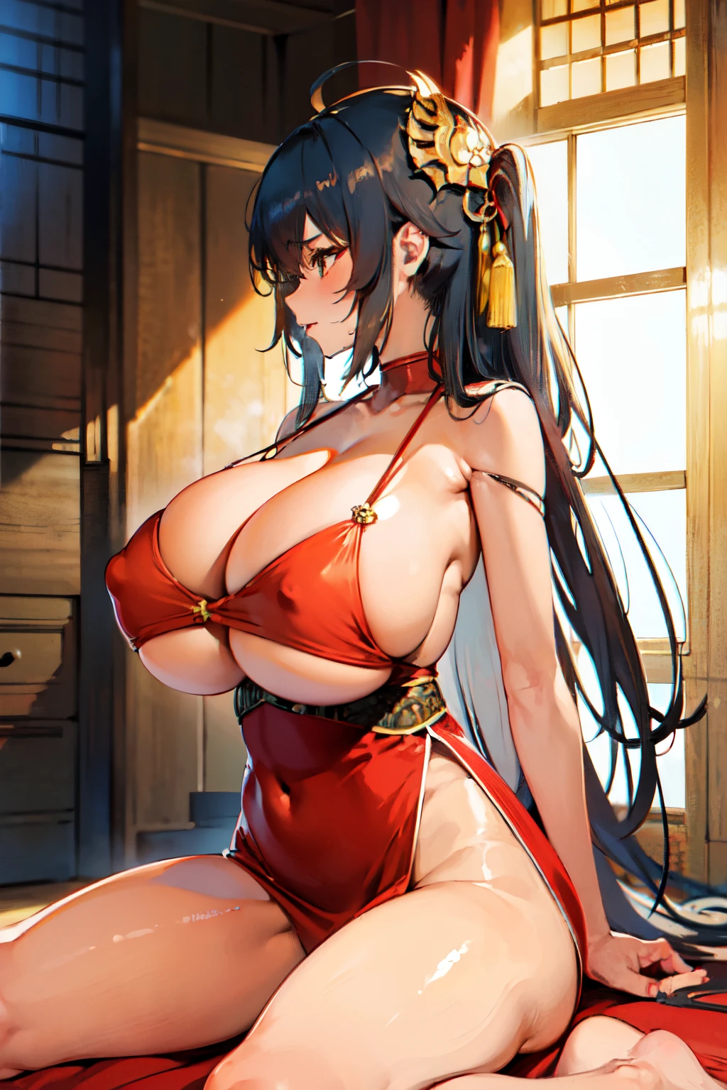 NSFW,masutepiece, Best Quality, 超A high resolution, beautiful detailed hair detailed face, Perfect feminine face, an anime drawing inspired by Torii Kiyonobu I, pixiv, (((Charming Taihou))), azur lane, twin-tail hair, ((huge-breasted:1.5)), (gigantic cleavage breasts), Ahoge, Black hair, Hair Ornament, ((Red evening dress)), Evil face, Smirk, Cynical stare, taking photographs:sakimichan, george kamitani, akira yasuda、show off nipple、((vaginal、SEX:1.7、Woman on top、penises:1.5、Overflowing sexual fluids、One strong man))、full body Esbian、Focus on the crotch、opens legs
