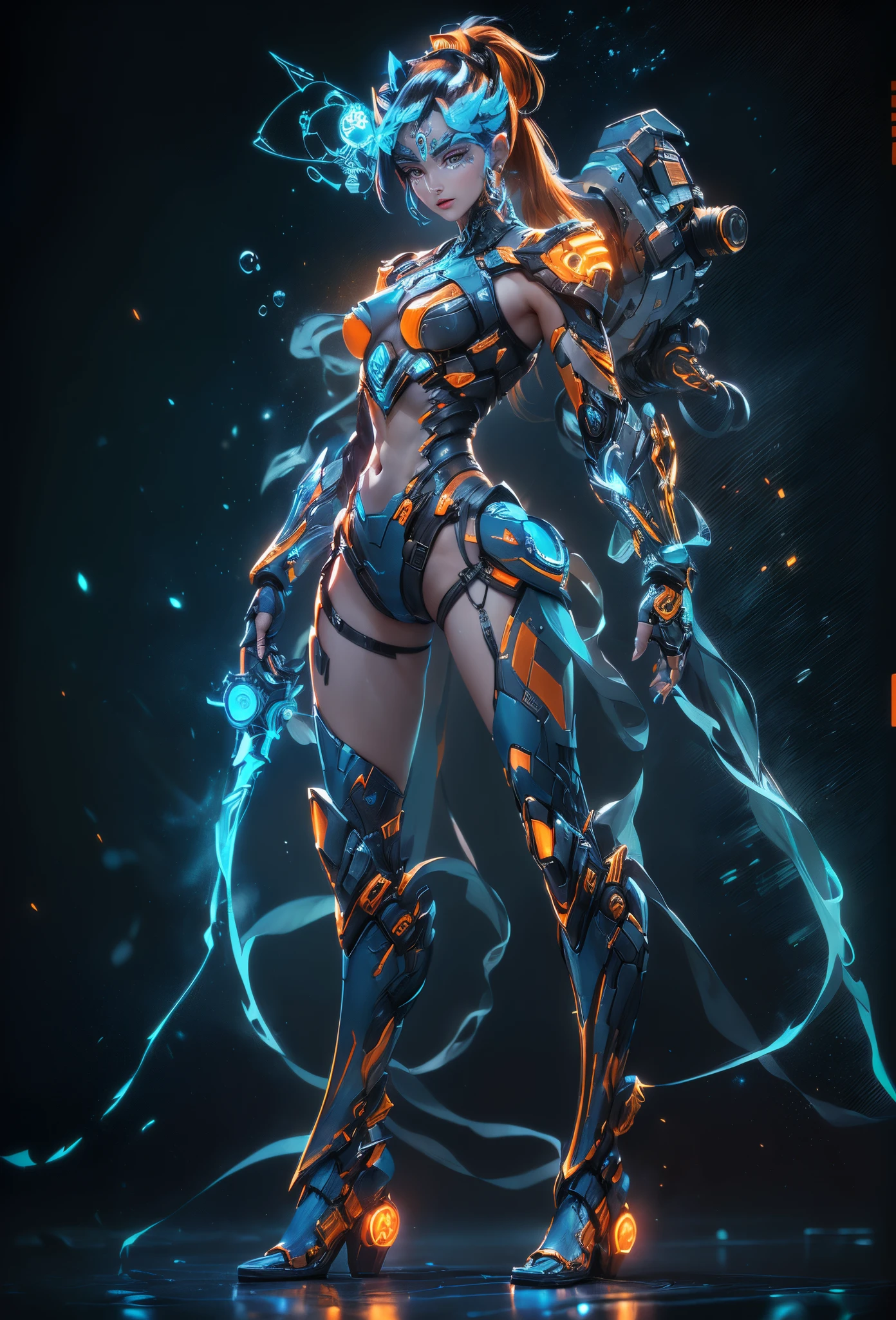 Kim Kroll, Game character design,3D character rendering,(((pixar-style))),League of Legends Jinx,((1个Giant Breast Girl,(Blue double ponytail: 1.5),Very long blue braids,red eyes,Laughter,future warrior,Mechanical Warframe,Decorated with luminous lines and rivets,With streamer effect or LED light embellishment,Laser cannon、Ion cannon or pulse cannon)),((Hairstyling design:Brilliant deep blue,Add some glowing elements,Futuristic headwear such as orange photoelectric glasses or head-mounted displays)),((expressive design:Add some glowing lines or orange LED light effects to the face decoration,Design different facial expressions,Highlight the image of future warriors)),(action design:On the move、When releasing a skill or attacking,Add some special effects and animations,Highlight the sense of future and combat),((Special effects design:Add a cool orange lighting effect、Electromagnetic wave effect or virtual interface,Enhance skin visual impact)), (((The stands up,Metal heels: 1.8, Glowing lines or orange LED light effect))), (Full body shot: 1.5),gaming character