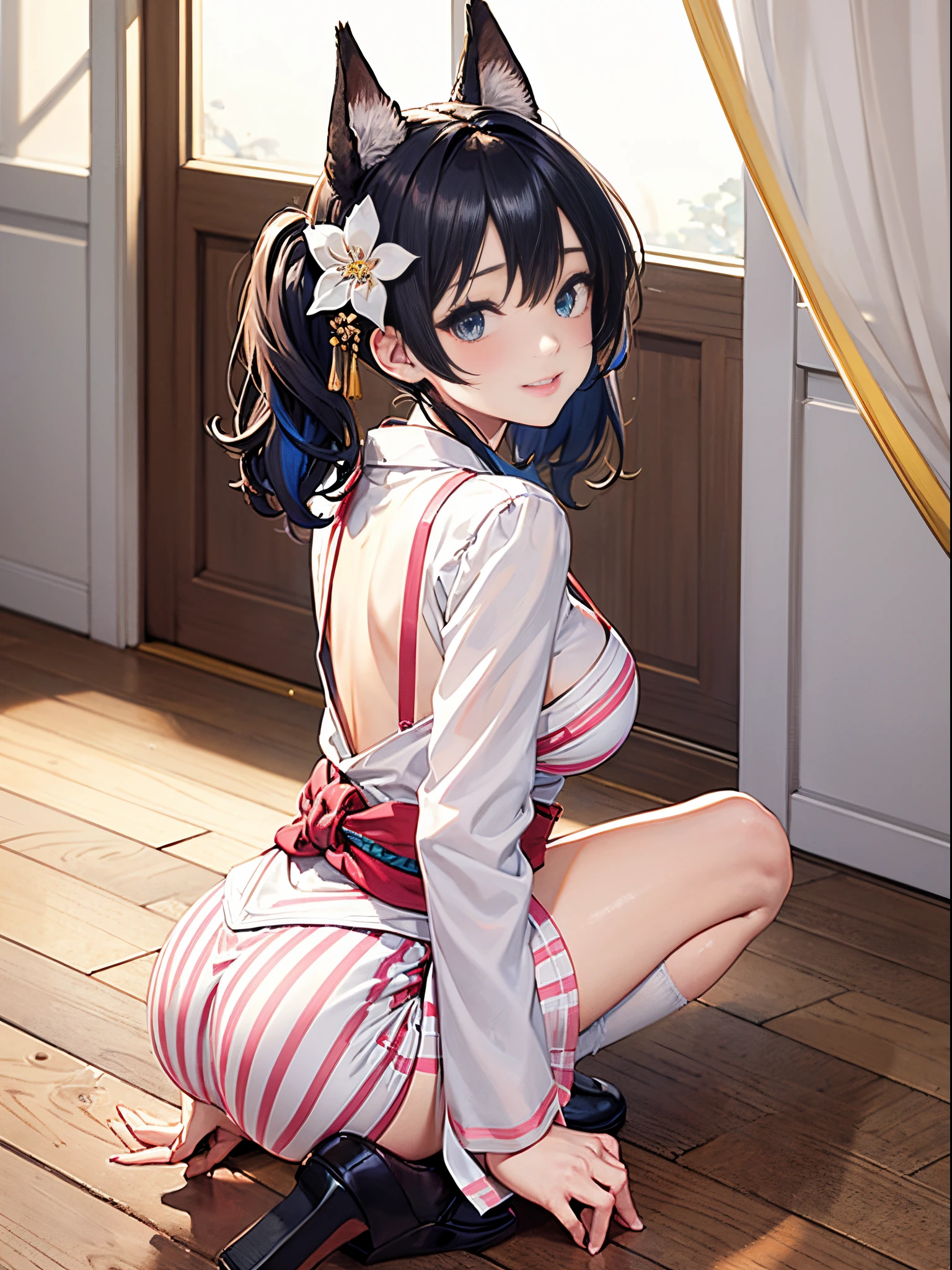 Young beautiful woman,(Highest quality,Extremely detailed depiction,Incredibly absurd high resolution,Anatomically accurate depiction,Nice hands, Perfect Fingers,Curvy Legs)(Sexy Japanese maid),(A gorgeously patterned kimono,Maid clothes,Maid&#39;s Headband,garter belt,pantyhose,latex),eyelash,Brightly glowing purple eyes,There is cleavage in the chest,Black Hair,Perfect body, seductive gestures,background:Japanese-style room
